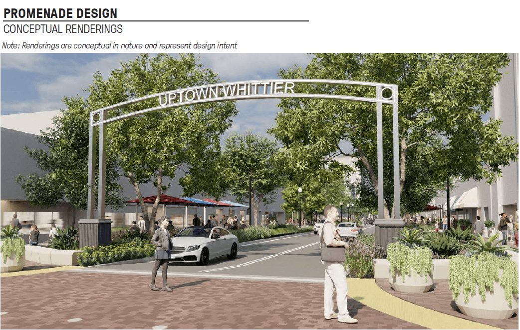 A rendering of the new "Greenleaf Promenade" which will feature smaller trees and improved pedstrian features and greenspace. (City of Whittier)