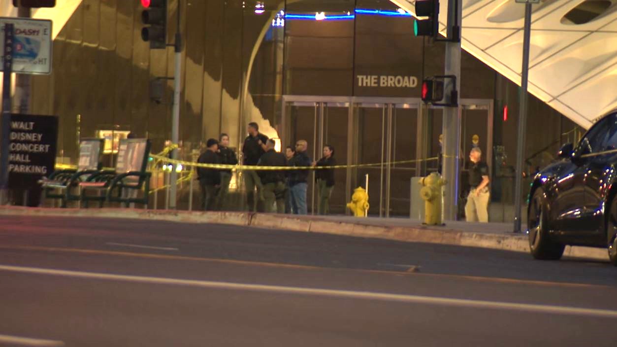 Entrances to the nearby Broad Museum were blocked off as police investigated reports of a shooting in downtown Los Angeles on June 13, 2024. (KTLA)