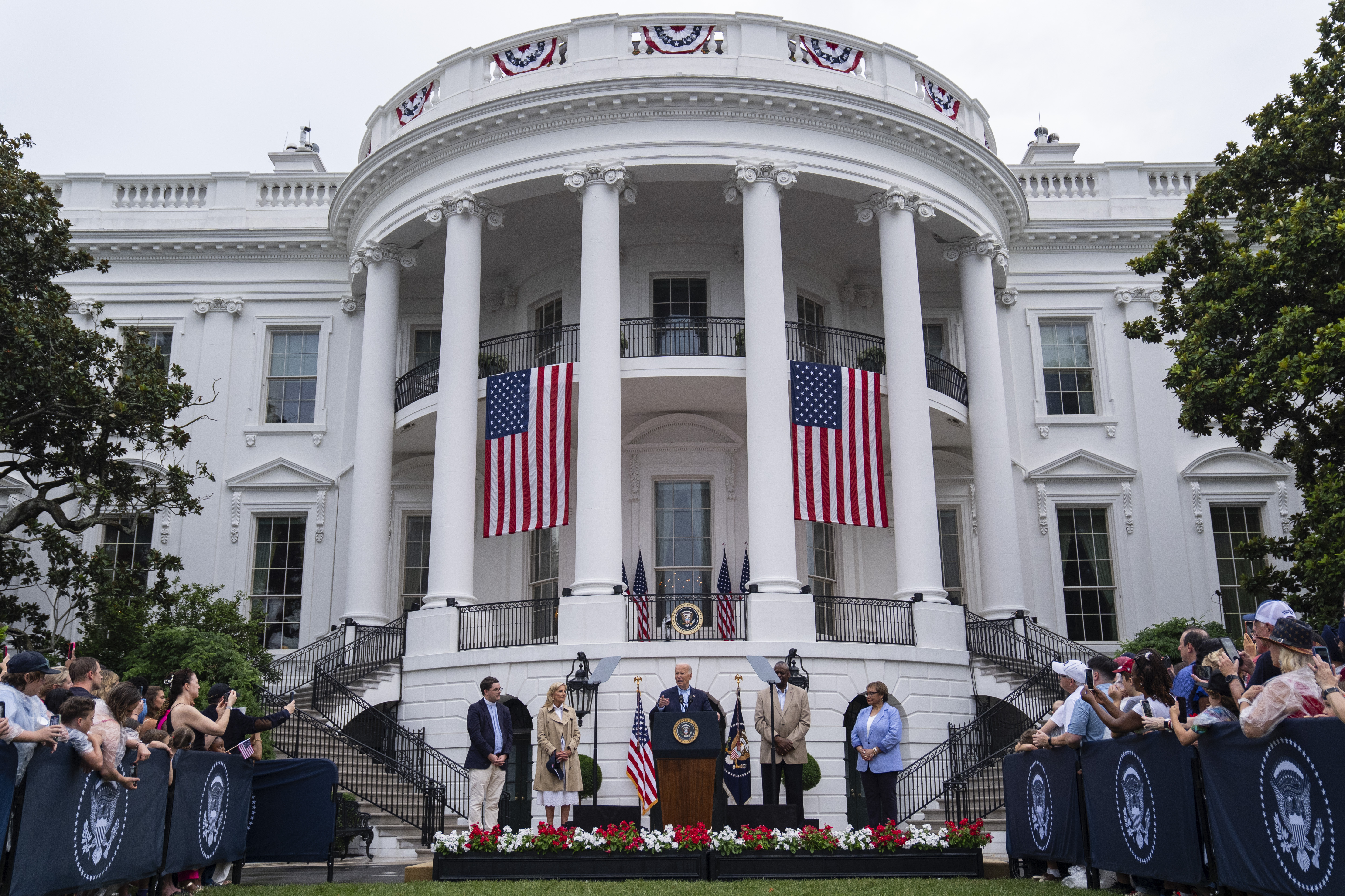 President Joe Biden speaks during a barbecue with active-duty military service members and their families on the South Lawn of the White House, Thursday, July 4, 2024, in Washington. (AP Photo/Evan Vucci)