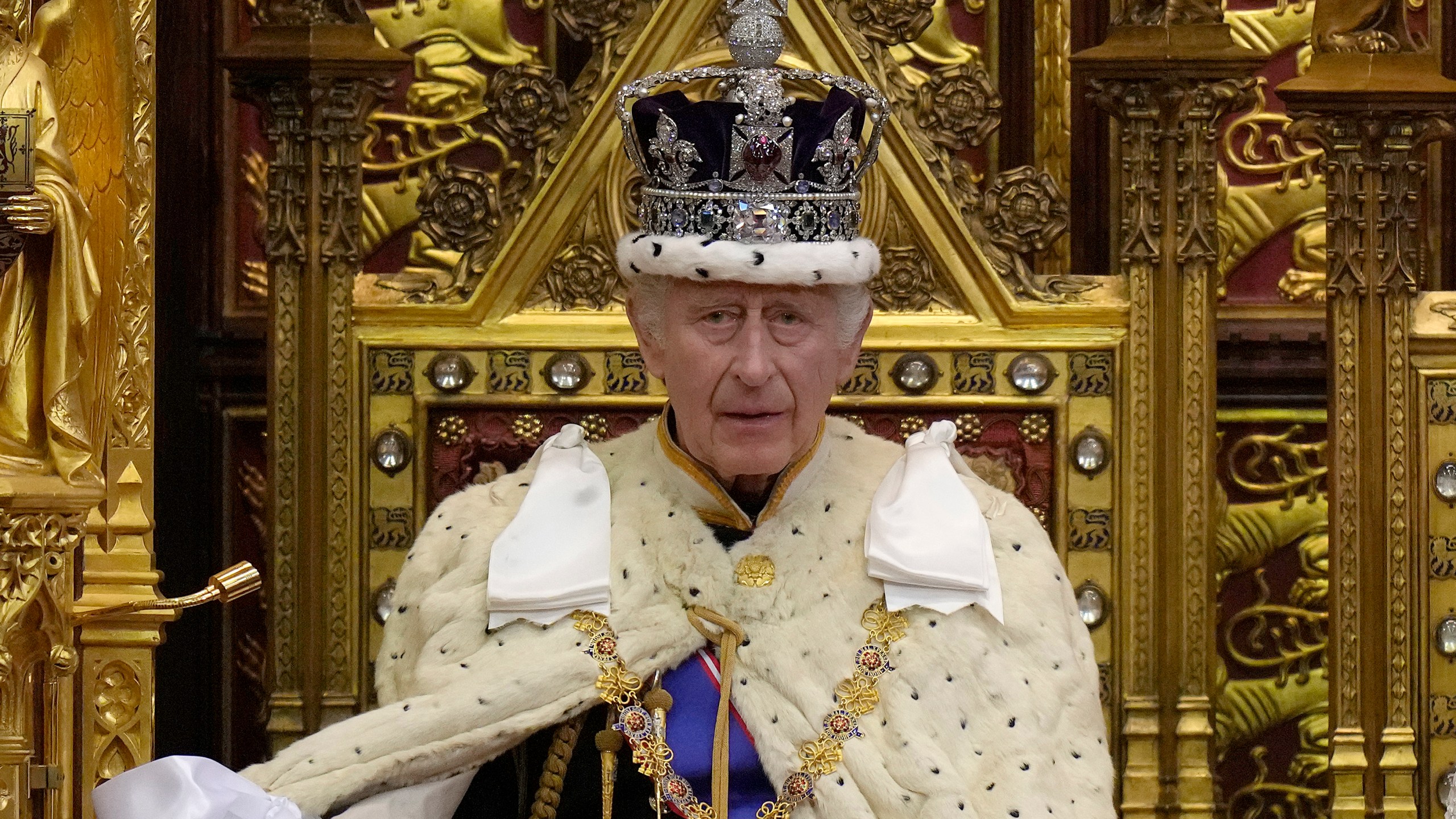 FILE - Britain's King Charles III pauses during the State Opening of Parliament at the Palace of Westminster in London on Nov. 7, 2023. (AP Photo/Alastair Grant, Pool, File)