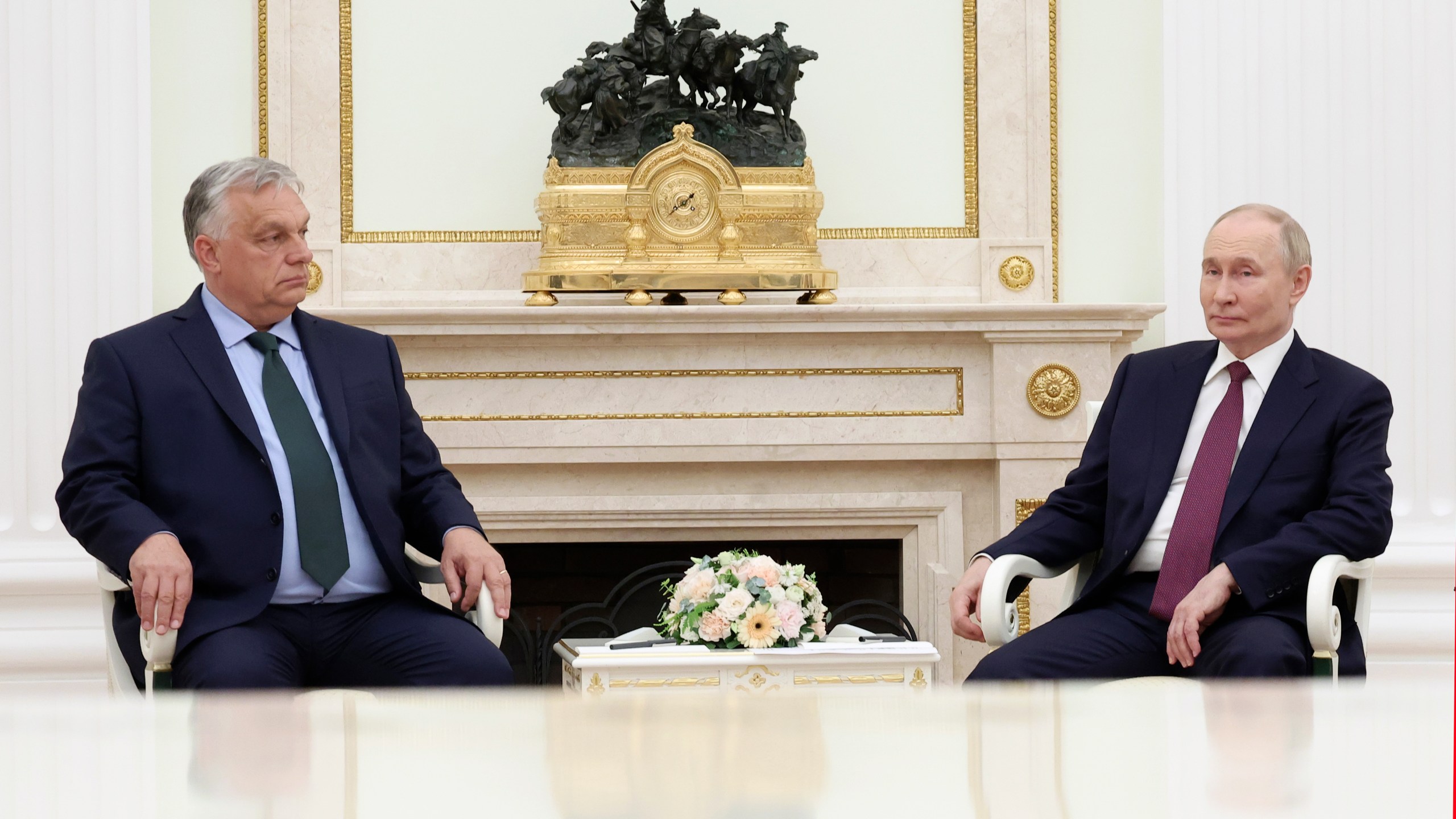 Russian President Vladimir Putin, right, and Hungarian Prime Minister Viktor Orban hold a meeting in Moscow, Russia, Friday, July 5, 2024. (Valeriy Sharifulin, Sputnik, Kremlin Pool Photo via AP)