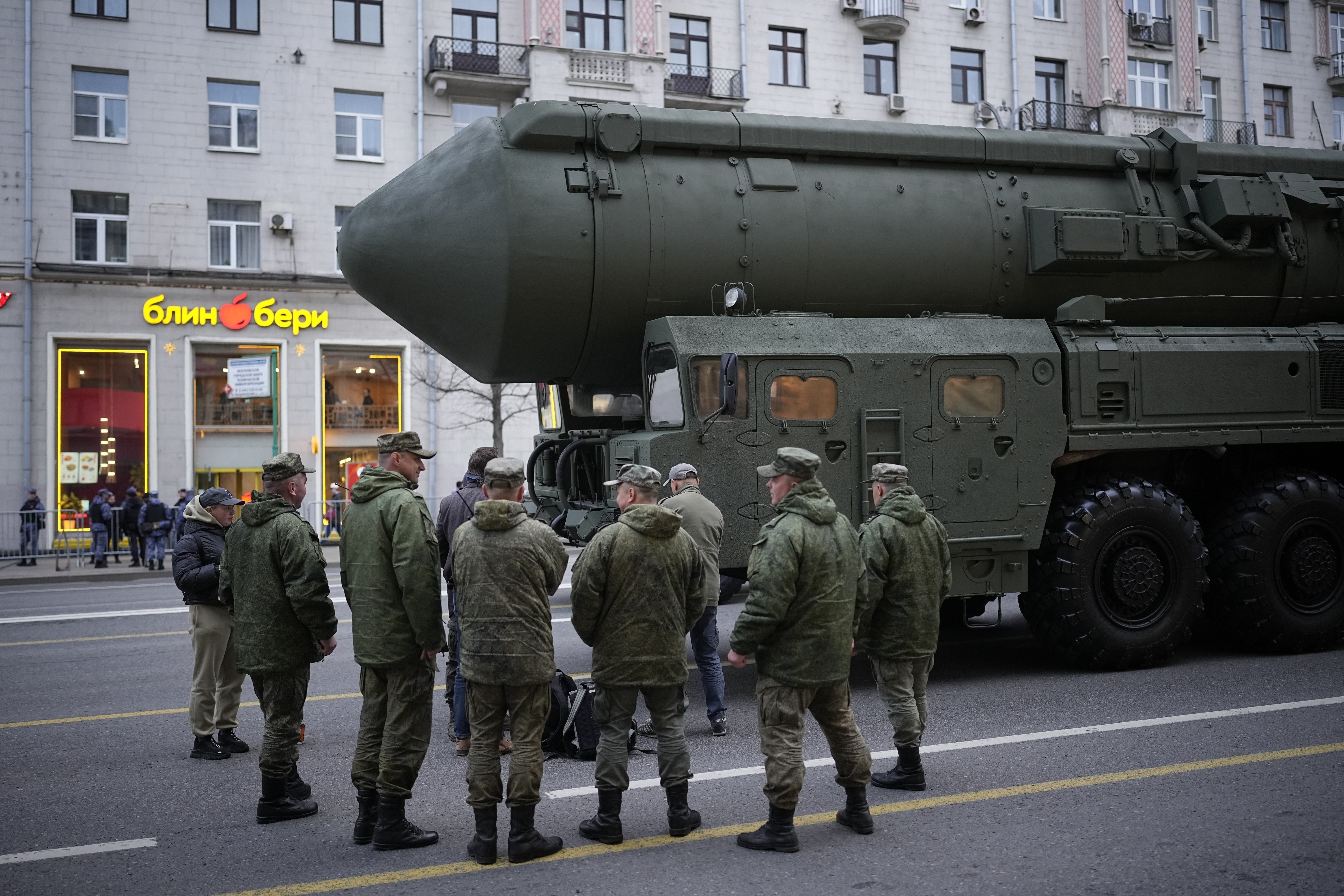FILE - Soldiers stand next to a Russian RS-24 Yars ballistic missile parked along Tverskaya street prior to a rehearsal for the Victory Day military parade in Moscow, on Thursday, May 2, 2024. (AP Photo/Alexander Zemlianichenko, File)