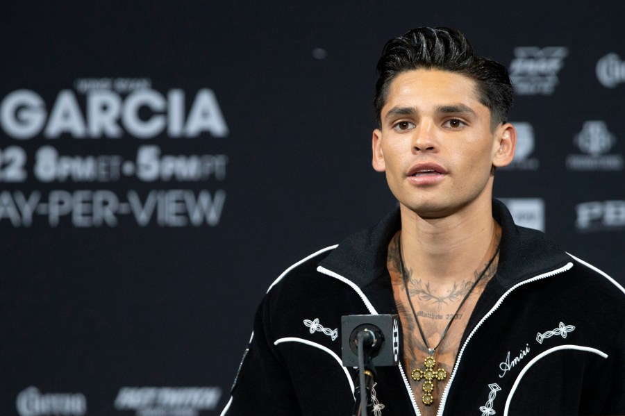 FILE - Super lightweight boxer Ryan Garcia speaks during a news conference at the MGM Grand hotel-casino Thursday, April 20, 2023, in Las Vegas. Ryan Garcia was expelled by the World Boxing Council on Thursday after he repeatedly used racial slurs against Black people and disparaged Muslims in comments livestreamed on social media. (Steve Marcus/Las Vegas Sun via AP, File)