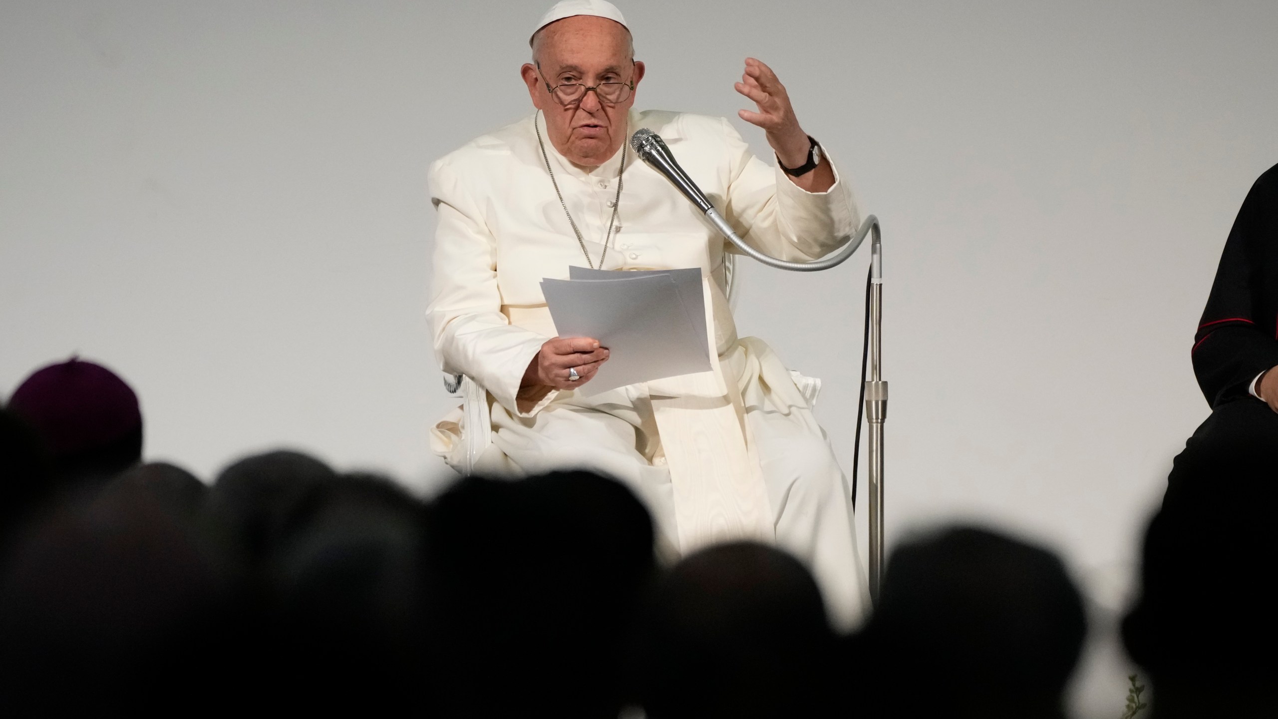 FILE - Pope Francis attends a meeting with the participants of the 50th Social Week of Catholics in Italy, in Trieste, Italy, on July 7, 2024. The Vatican’s chief prosecutor has strongly defended the integrity and fairness of the city state’s justice system, amid criticism that Pope Francis' absolute power and his interventions in the recently-concluded “trial of the century” violated the defendants’ fundamental rights. (AP Photo/Alessandra Tarantino, File)