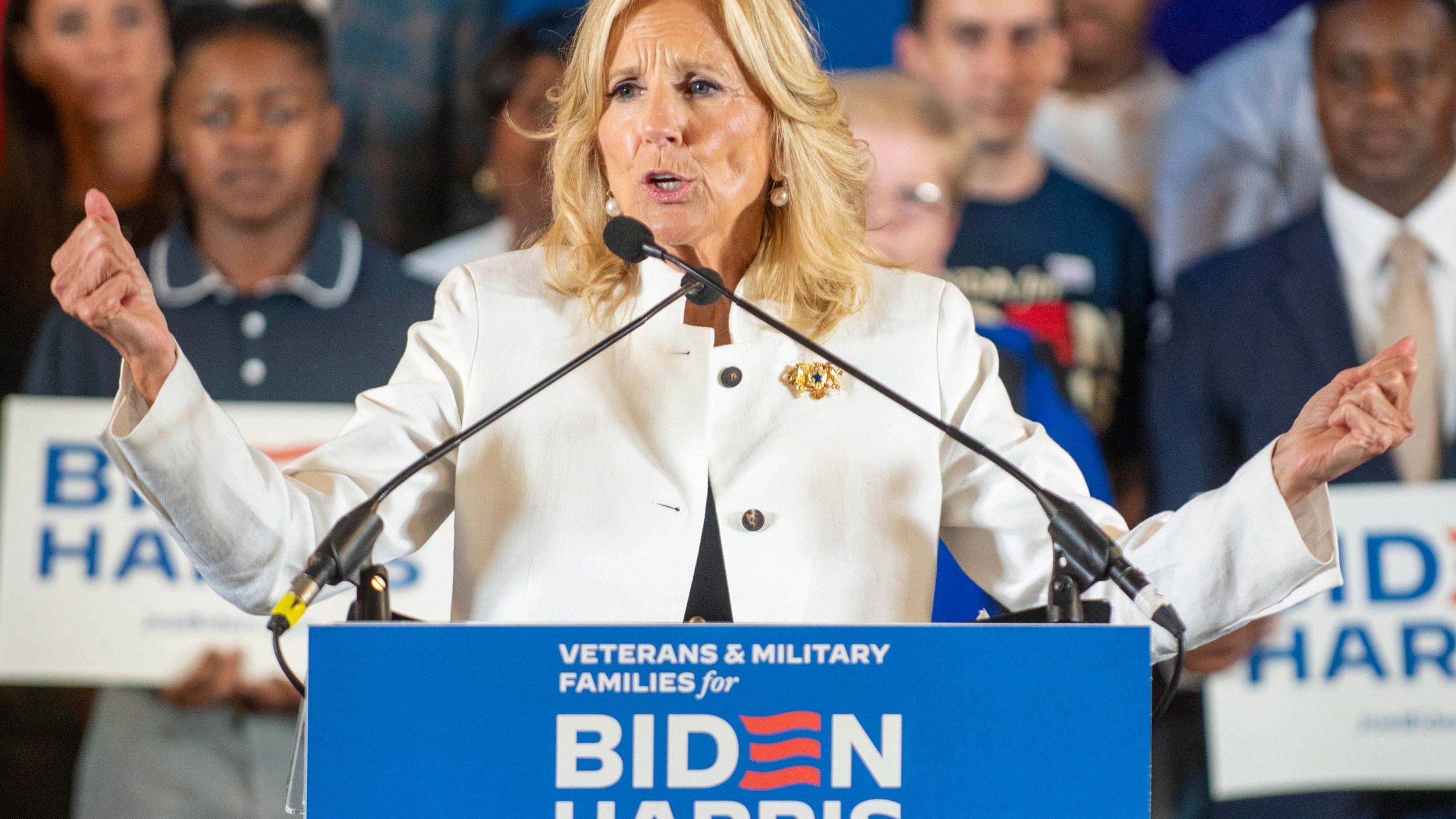 First lady Jill Biden speaks during an event at The American Legion Post 111 as she campaigns for her husband, President Joe Biden, on Monday, July 8, 2024, in Seminole Heights, Fla. (Dylan Townsend/Tampa Bay Times via AP)