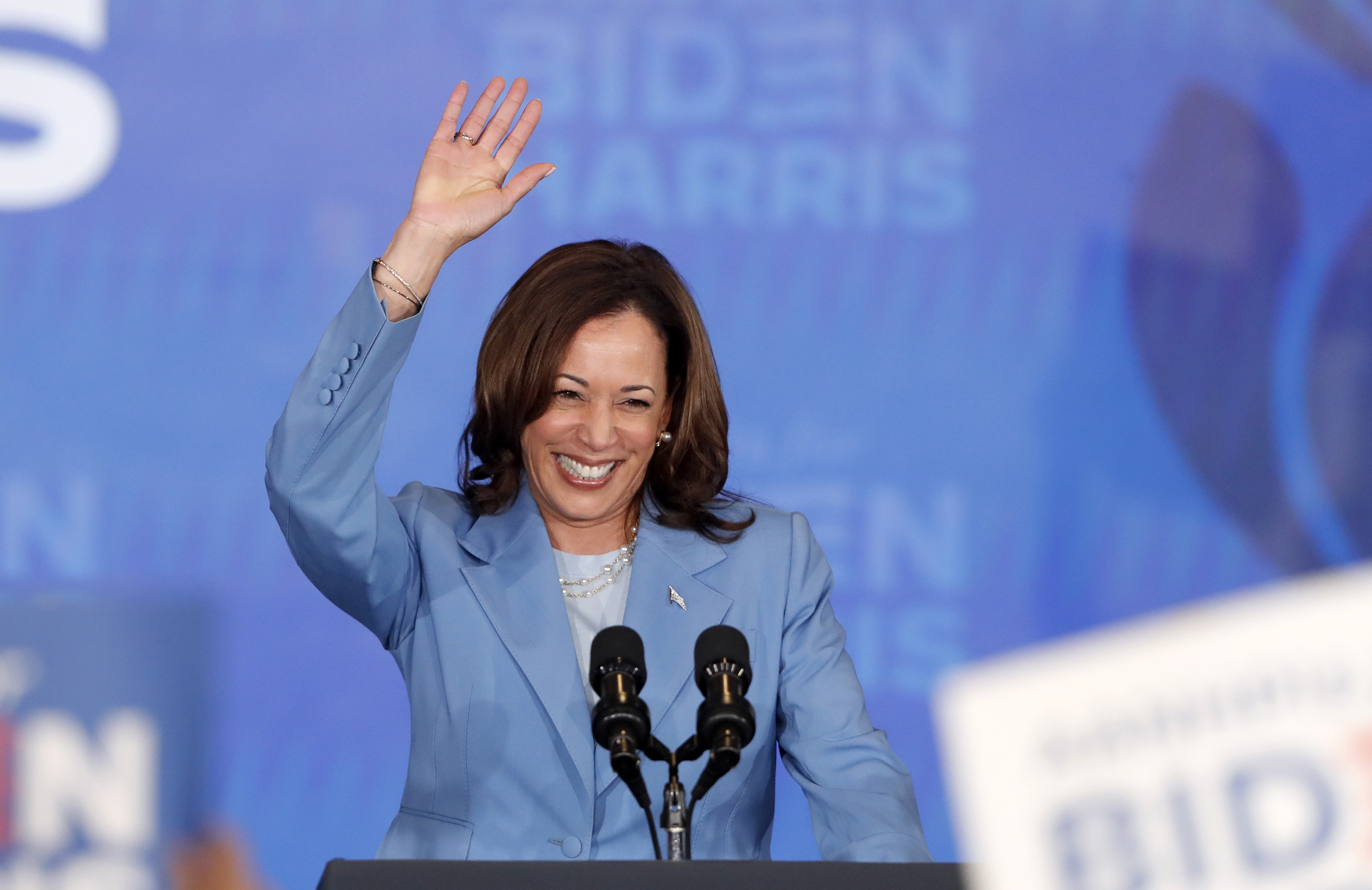 Vice President Kamala Harris waves after speaking at a campaign rally Tuesday, July 9, 2024, in Las Vegas. Harris announced the launch of Asian American, Native Hawaiian, and Pacific Islanders (AANHPI) for Biden-Harris, a national program to mobilize AANHPI voters. (Steve Marcus/Las Vegas Sun via AP)