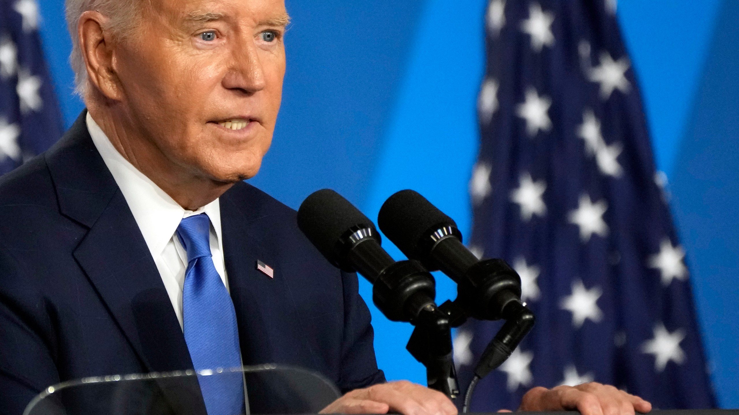 President Joe Biden speaks at a news conference Thursday July 11, 2024, on the final day of the NATO summit in Washington. (AP Photo/Jacquelyn Martin)