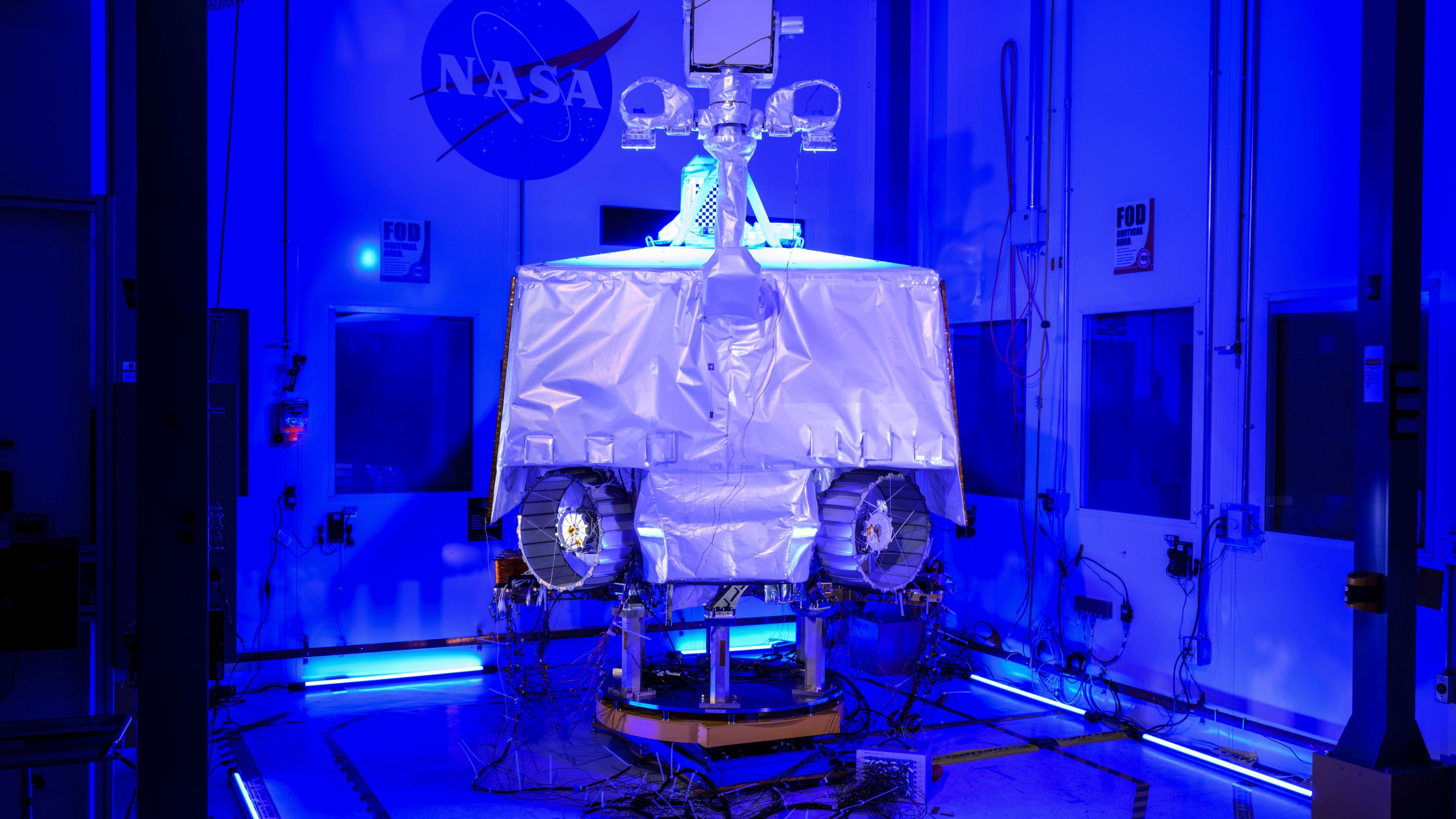 This photo provided by NASA shows the Viper (Volatiles Investigating Polar Exploration) vehicle at the Johnson Space Center in Houston on July 7, 2024. On Wednesday, July 17, 2024, NASA said it is canceling the water-seeking moon rover, citing cost overruns and launch delays. (Helen Arase Vargas/NASA via AP)