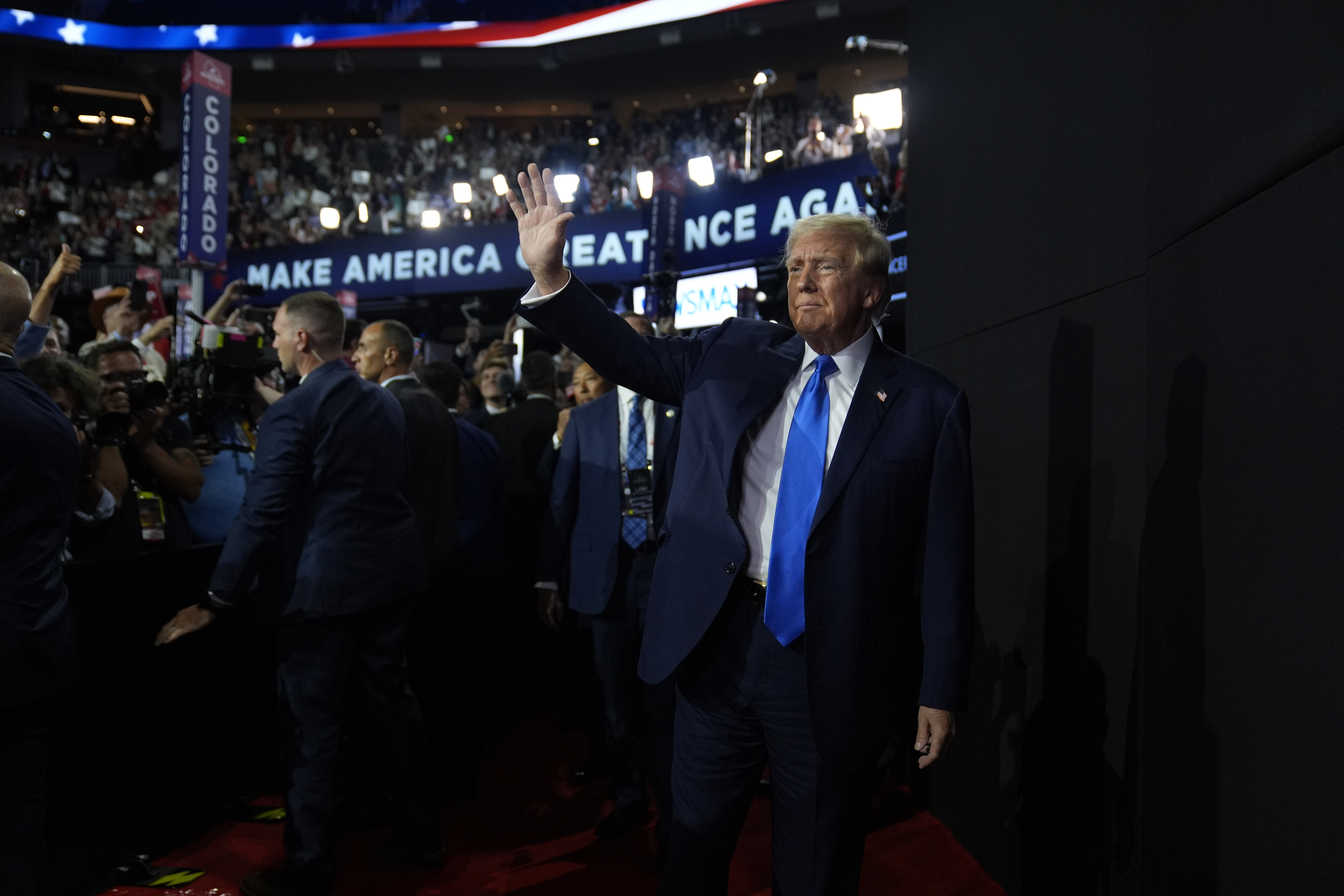 FILE - Republican presidential candidate former President Donald Trump arrives during the second day of the Republican National Convention at the Fiserv Forum, Tuesday, July 16, 2024, in Milwaukee. (AP Photo/Evan Vucci, File)