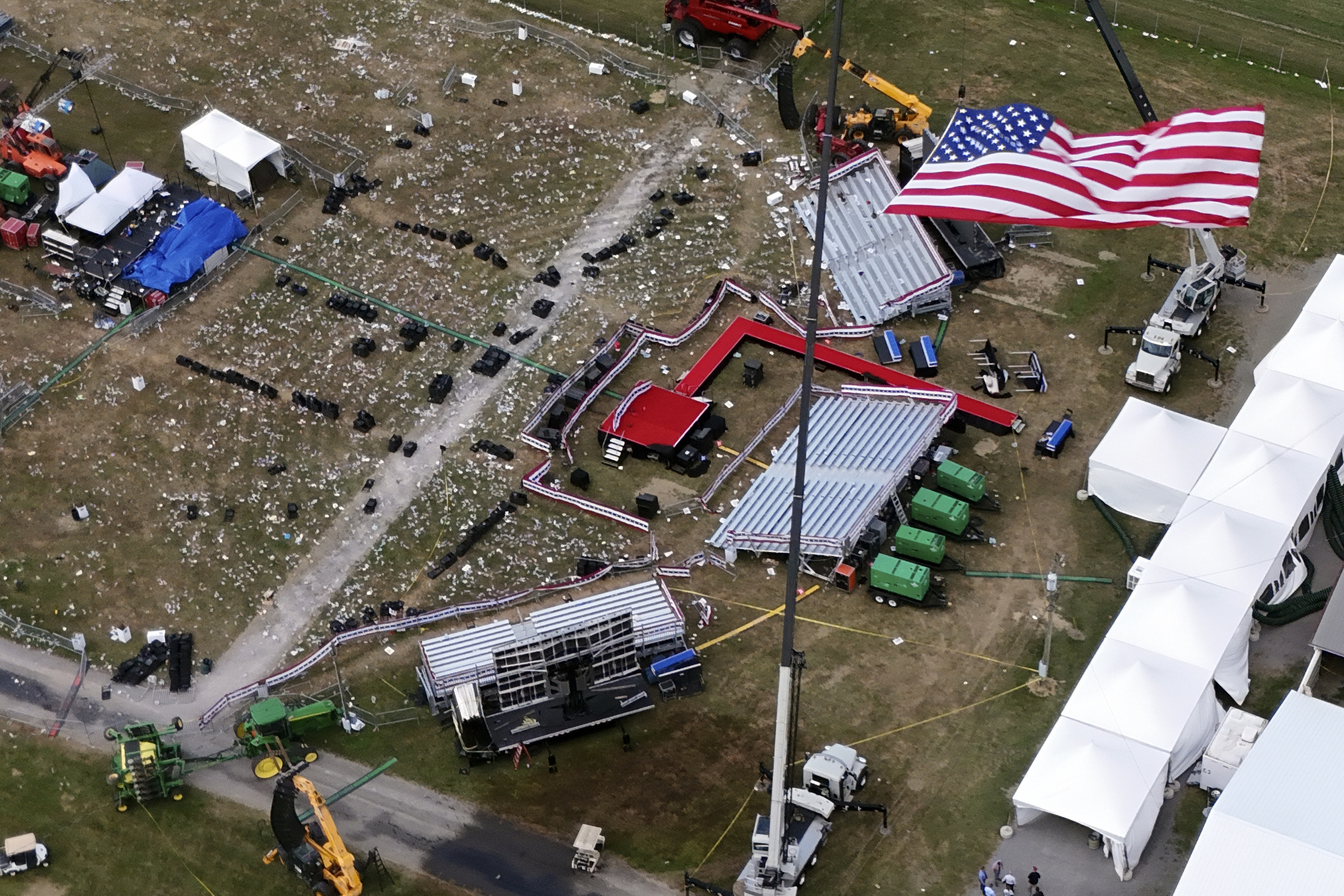 The Butler Farm Show, site of a campaign rally for Republican presidential candidate former President Donald Trump, is seen Monday July 15, 2024 in Butler, Pa. Trump was wounded on July 13 during an assassination attempt while speaking at the rally. (AP Photo/Gene J. Puskar)