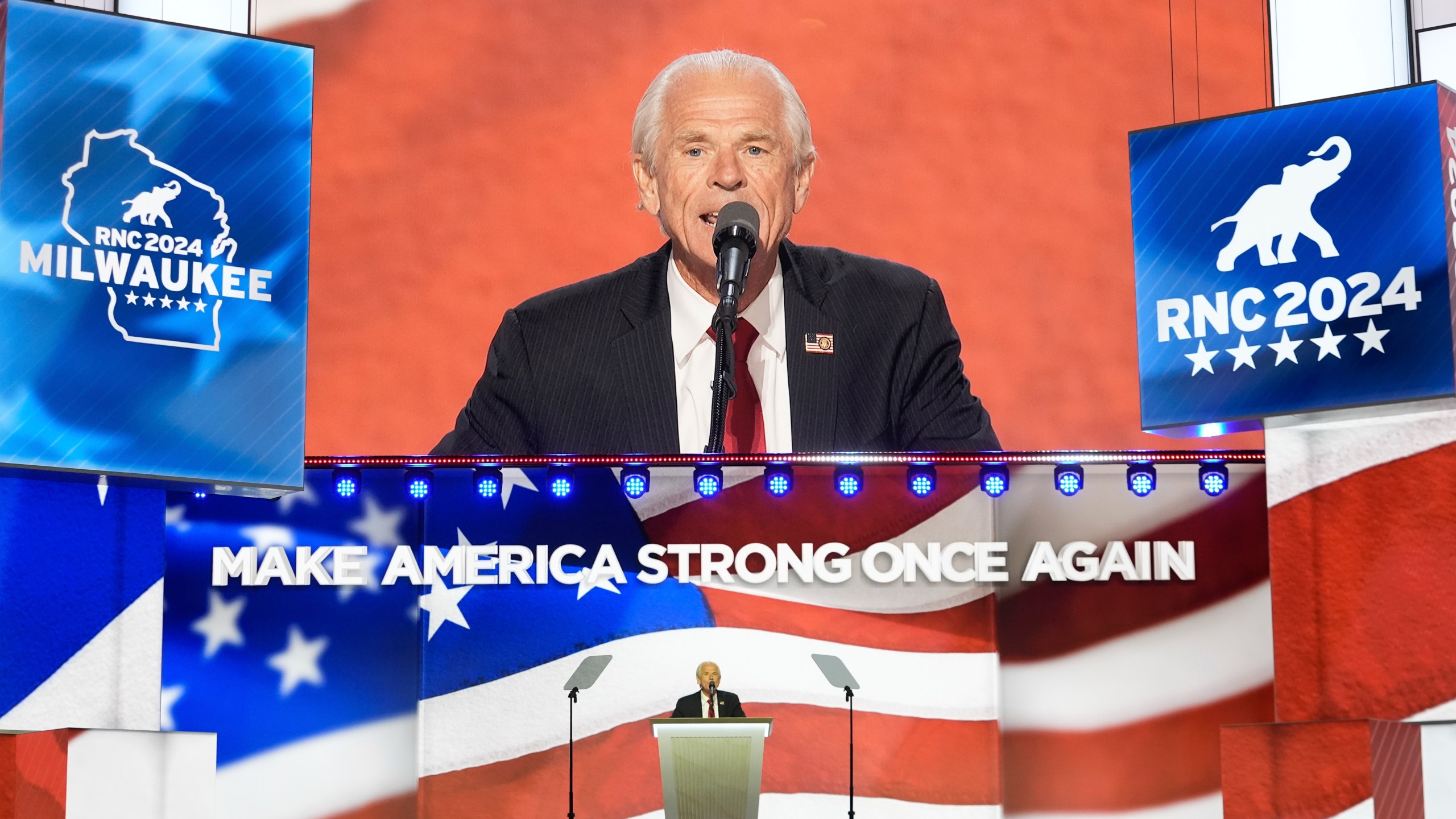 Peter Navarro, former Director of U.S. Office of Trade & Manufacturing, speaks during the Republican National Convention Wednesday, July 17, 2024, in Milwaukee. (AP Photo/Paul Sancya)