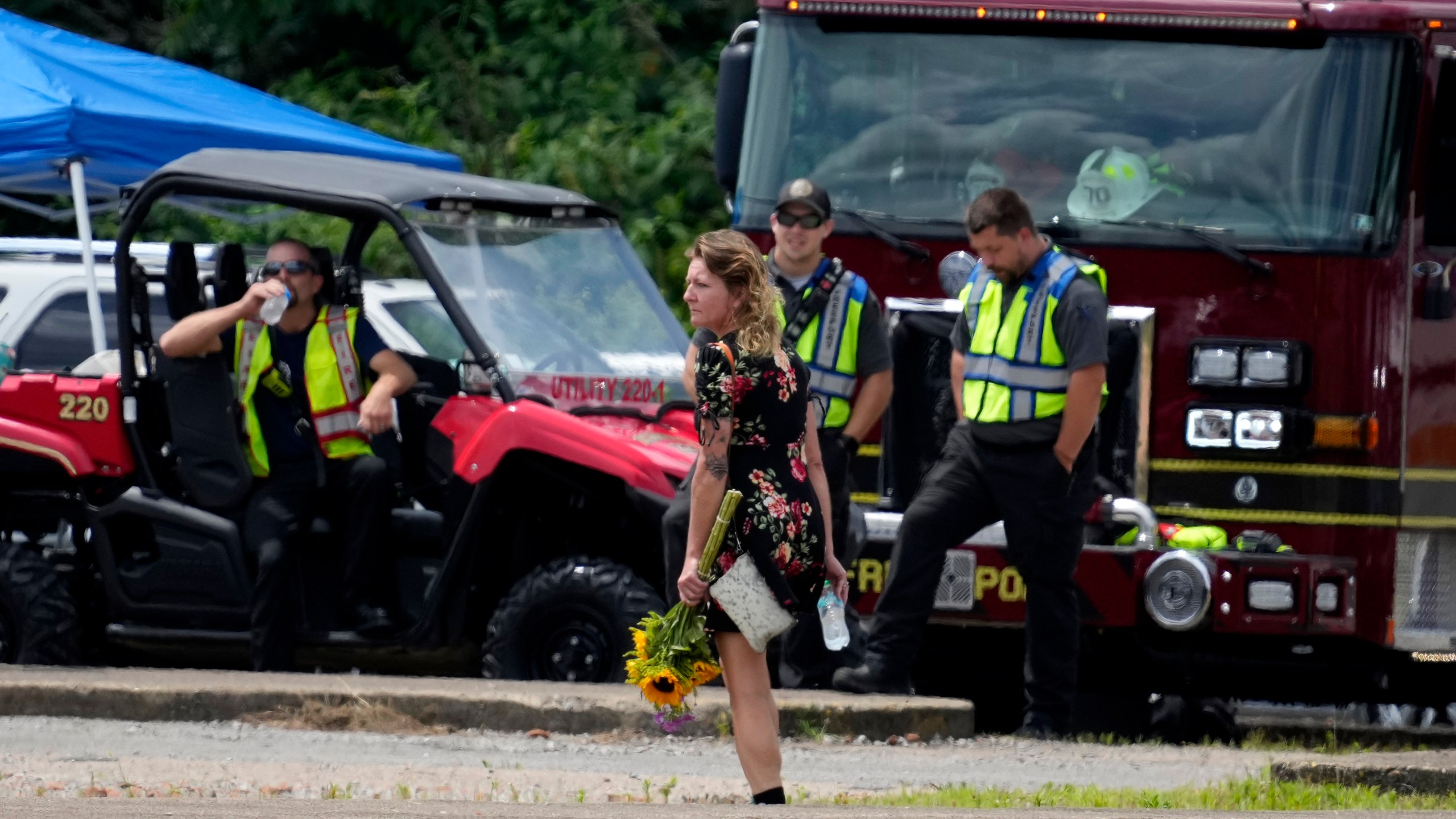 A person arrives to a visitation for Corey Comperatore at Laube Hall, Thursday, July 18,2024, in Freeport, Pa. Comperatore was killed at rally for former President Donald Trump Saturday. (AP Photo/Eric Gay)