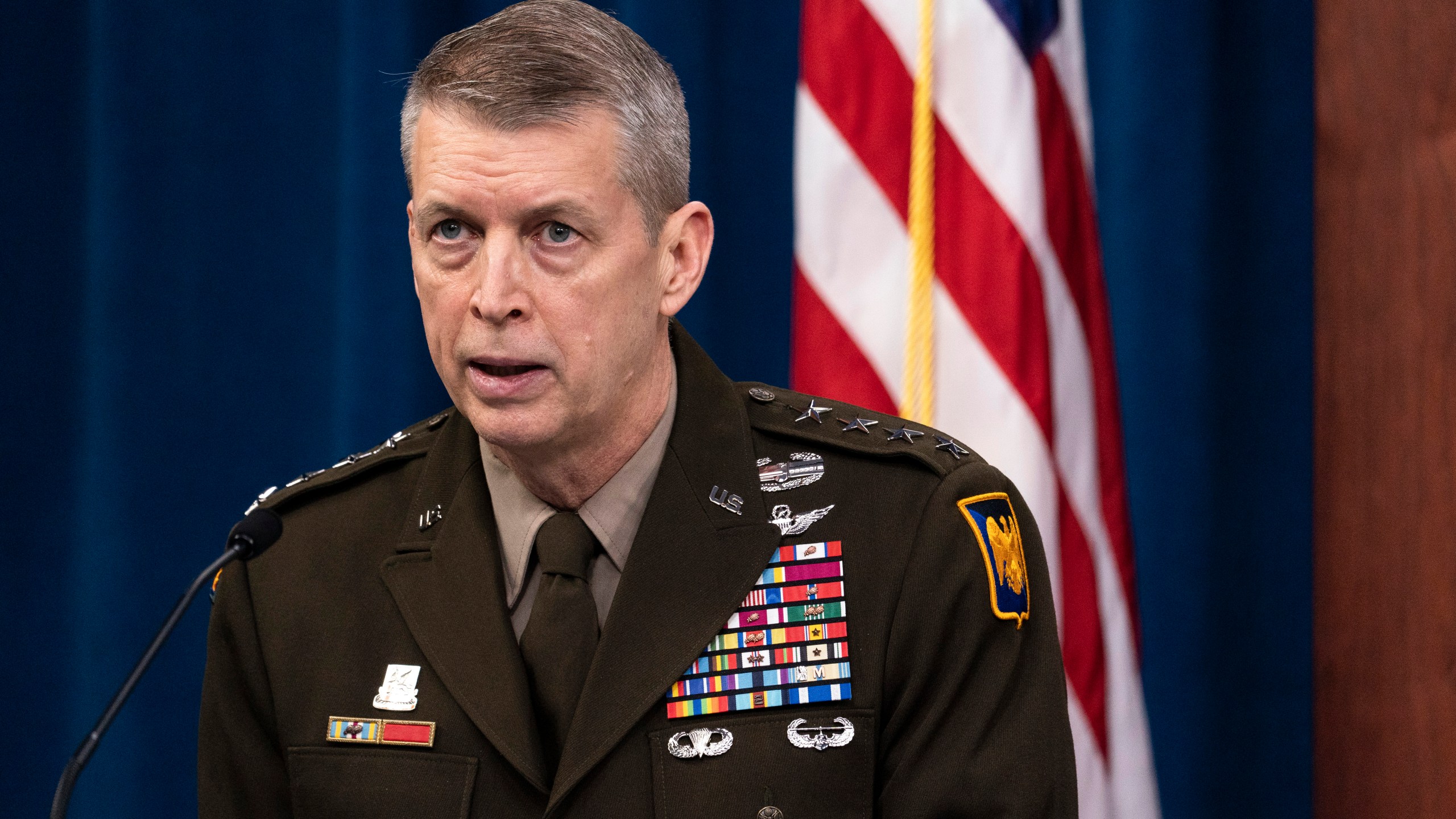 FILE - U.S. Army Gen. Daniel Hokanson, chief of the National Guard Bureau, speaks during a media briefing at the Pentagon, Jan. 25, 2021, in Washington. The top four officers of the National Guard Bureau have left or are set to retire in about two weeks, and to date no nominations for their replacements have been confirmed by the Senate. Hokanson will retire at the beginning of August 2024. (AP Photo/Alex Brandon).