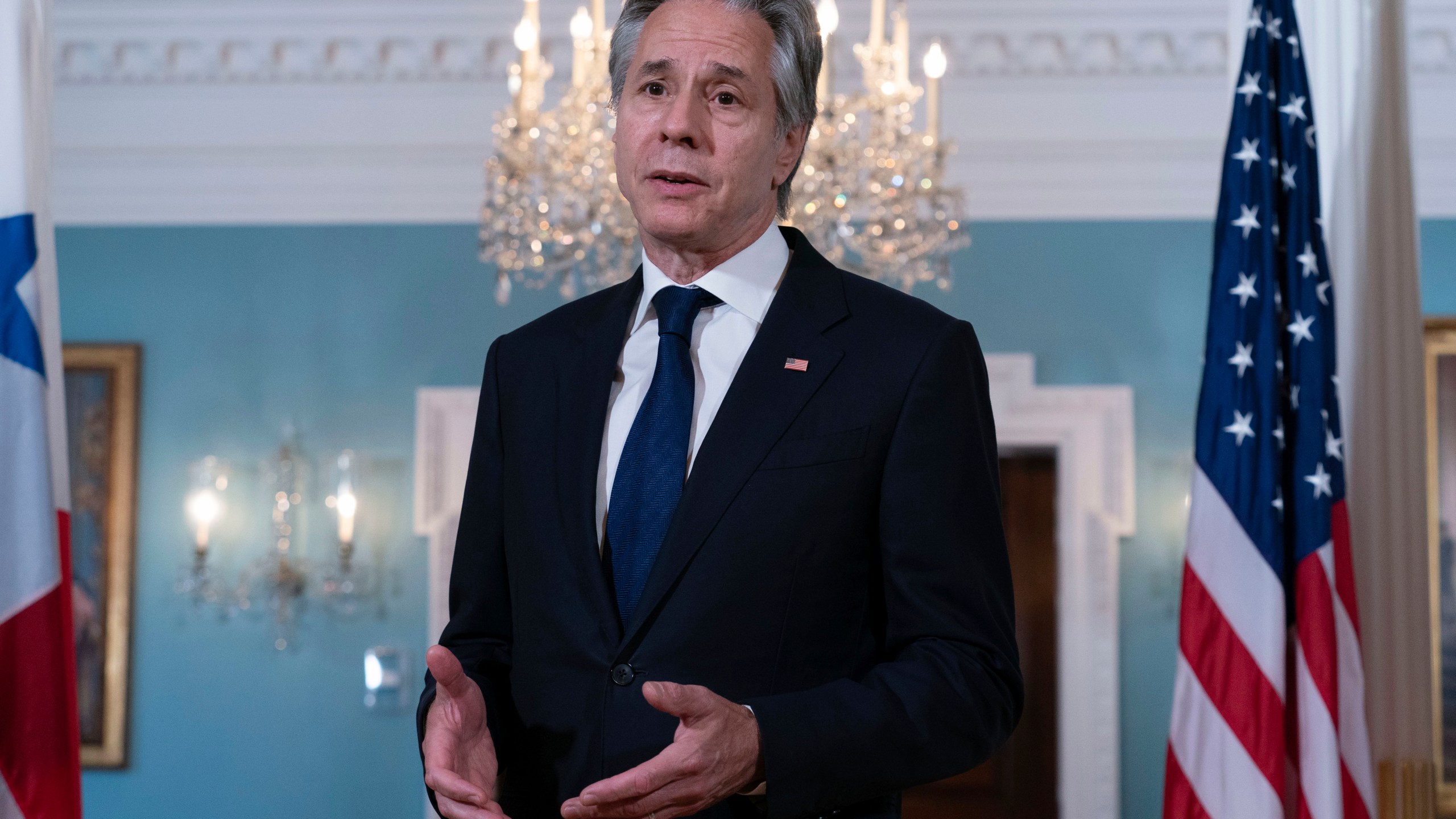 Secretary of State Antony Blinken speaks to the press after a bilateral meeting with Panamanian Foreign Minister Javier Martinez Acha at the State Department in Washington, Wednesday, July 17, 2024. ( AP Photo/Jose Luis Magana)