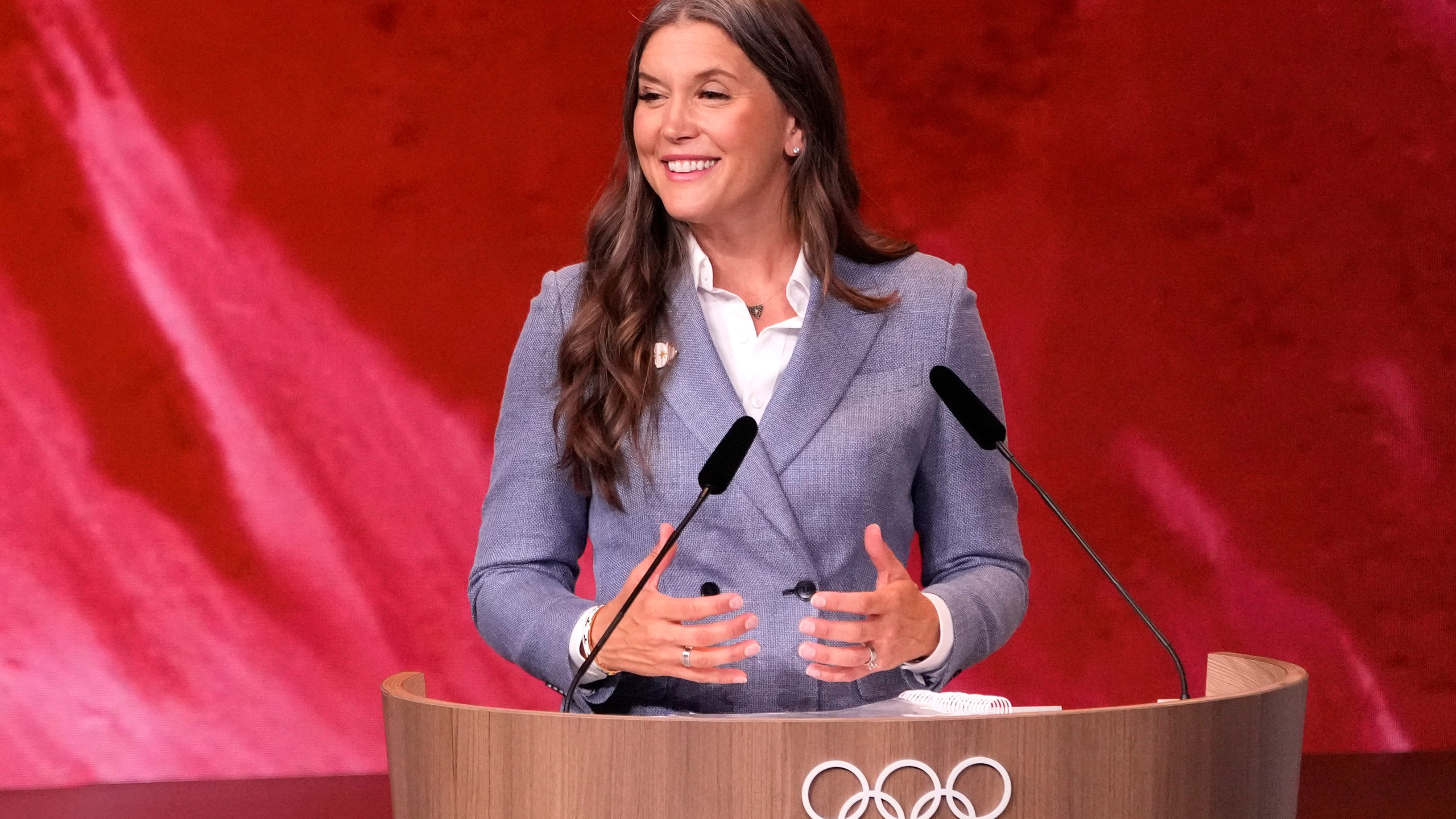 Salt Lake City Mayor Erin Mendenhall speaks about Salt Lake City's bid to host the 2034 Winter Olympics, during the 142nd IOC session at the 2024 Summer Olympics, Wednesday, July 24, 2024, in Paris, France. (AP Photo/David Goldman)