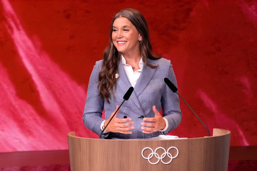 Salt Lake City Mayor Erin Mendenhall speaks about Salt Lake City's bid to host the 2034 Winter Olympics, during the 142nd IOC session at the 2024 Summer Olympics, Wednesday, July 24, 2024, in Paris, France. (AP Photo/David Goldman)