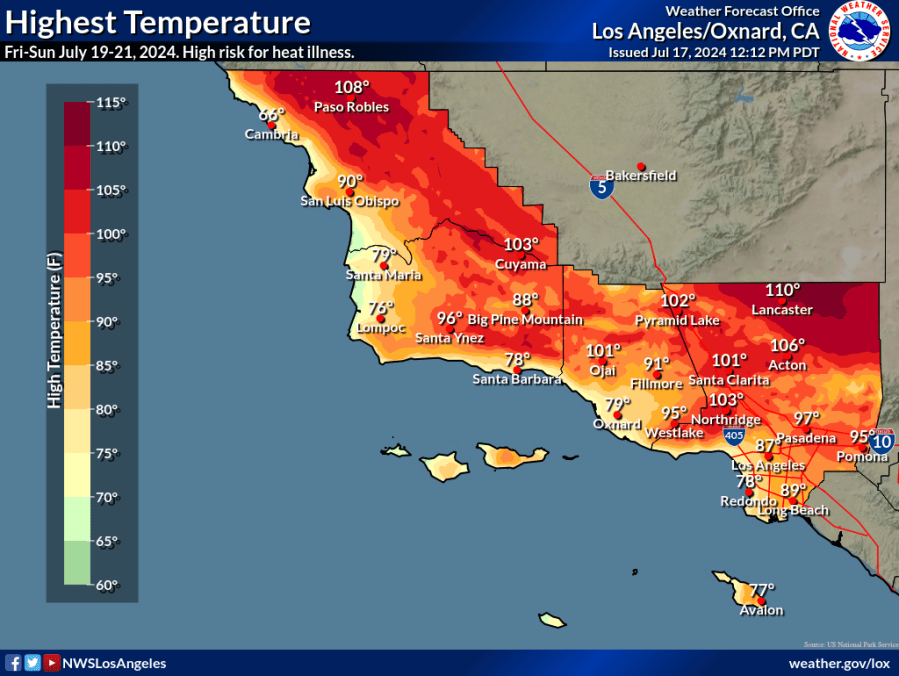 An excessive heat watch has prompted warnings for parts of Southern California from July 19-24. (National Weather Service)