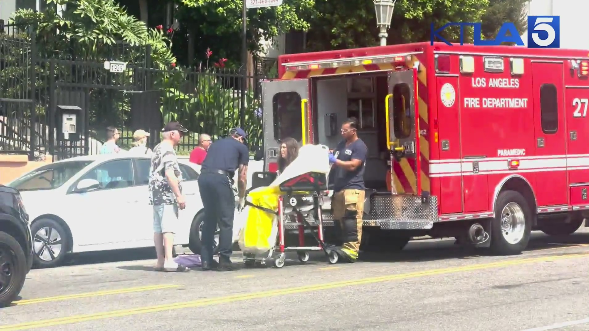 A victim who was reportedly attacked by an axe-wielding suspect in the Hollywood Hills was transported to the hospital on July 13, 2024. (KTLA)