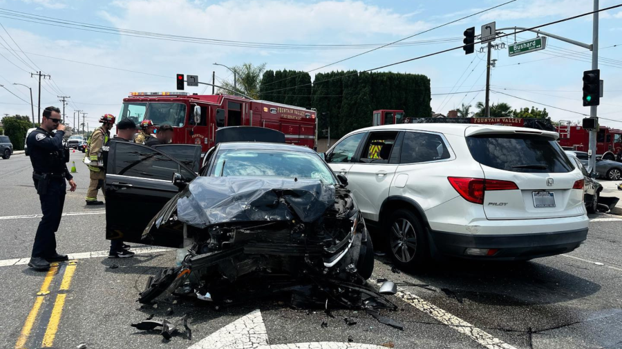 Several cars were left with severe damage after burglary suspects crashed during a pursuit in Fountain Valley on July 11, 2024. (Fountain Valley Police Department)