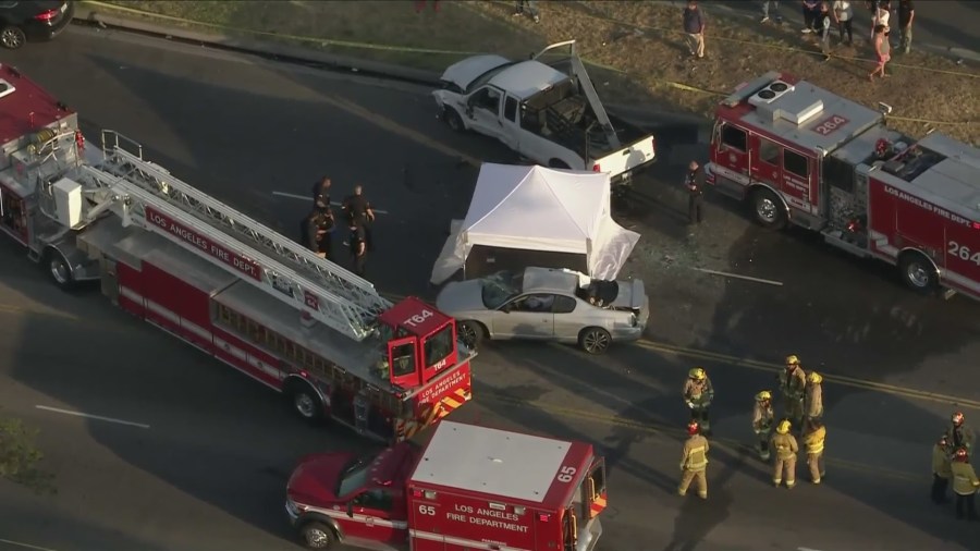 A three-car collision killed a 12-year-old girl and left nine other people hospitalized in South Los Angeles on July 5, 2024. (KTLA)