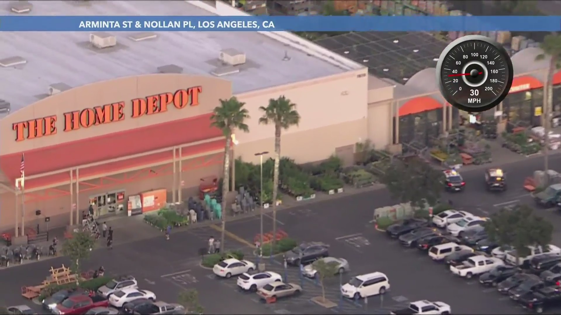 Los Angeles police surrounded the Home Depot store as they searched for the suspect inside on July 2, 2024. (KTLA)