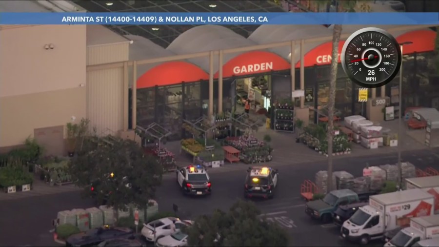 Los Angeles police surrounded the Home Depot store as they searched for the suspect inside on July 2, 2024. (KTLA)