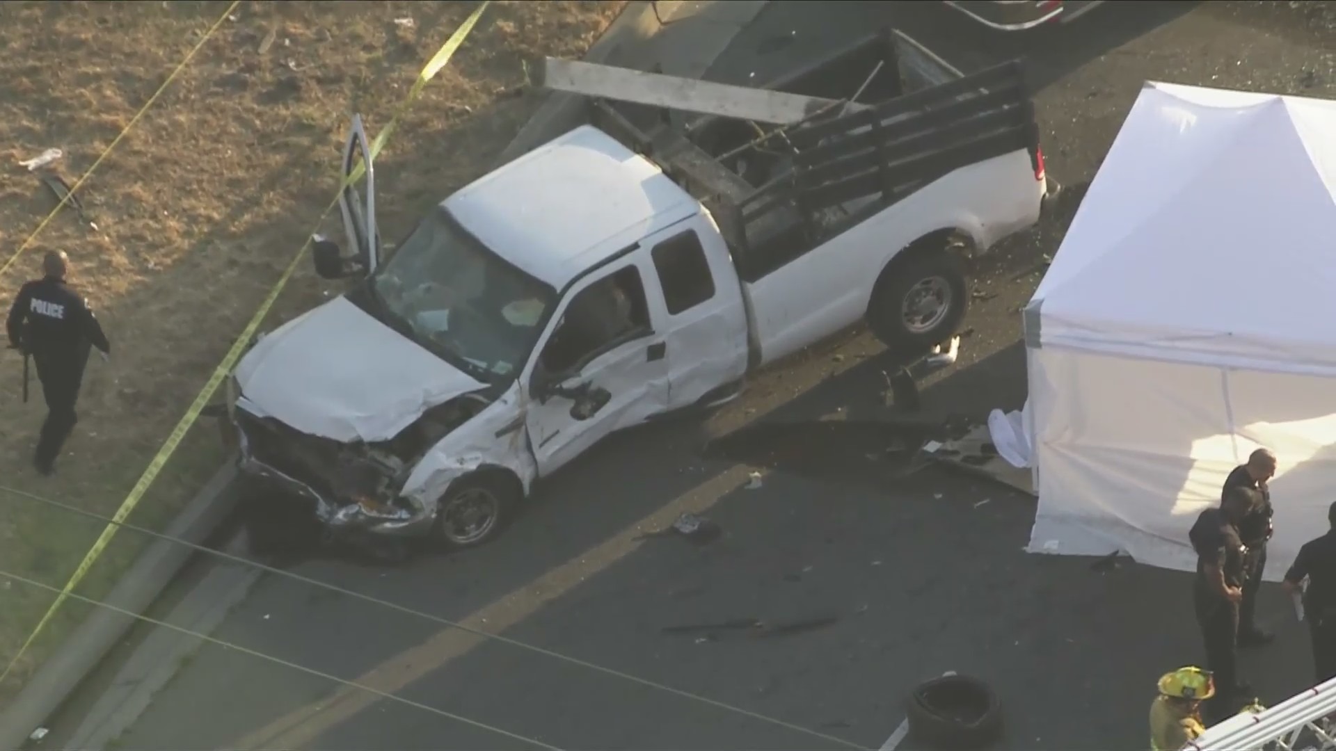 A three-car collision killed a 12-year-old girl and left nine other people hospitalized in South Los Angeles on July 5, 2024. (KTLA)