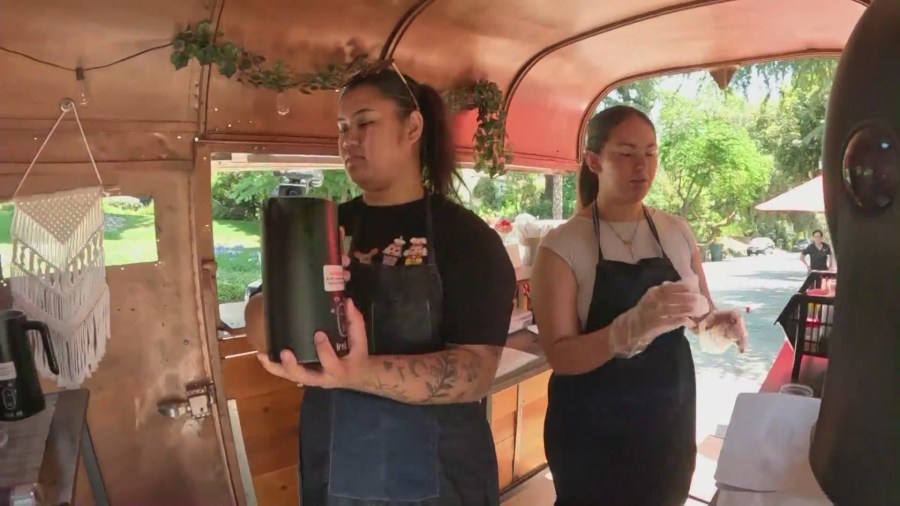 The young entrepreneurs of Ka-Ibigan Cafe serving handcrafted coffee drinks in Altadena. (KTLA)