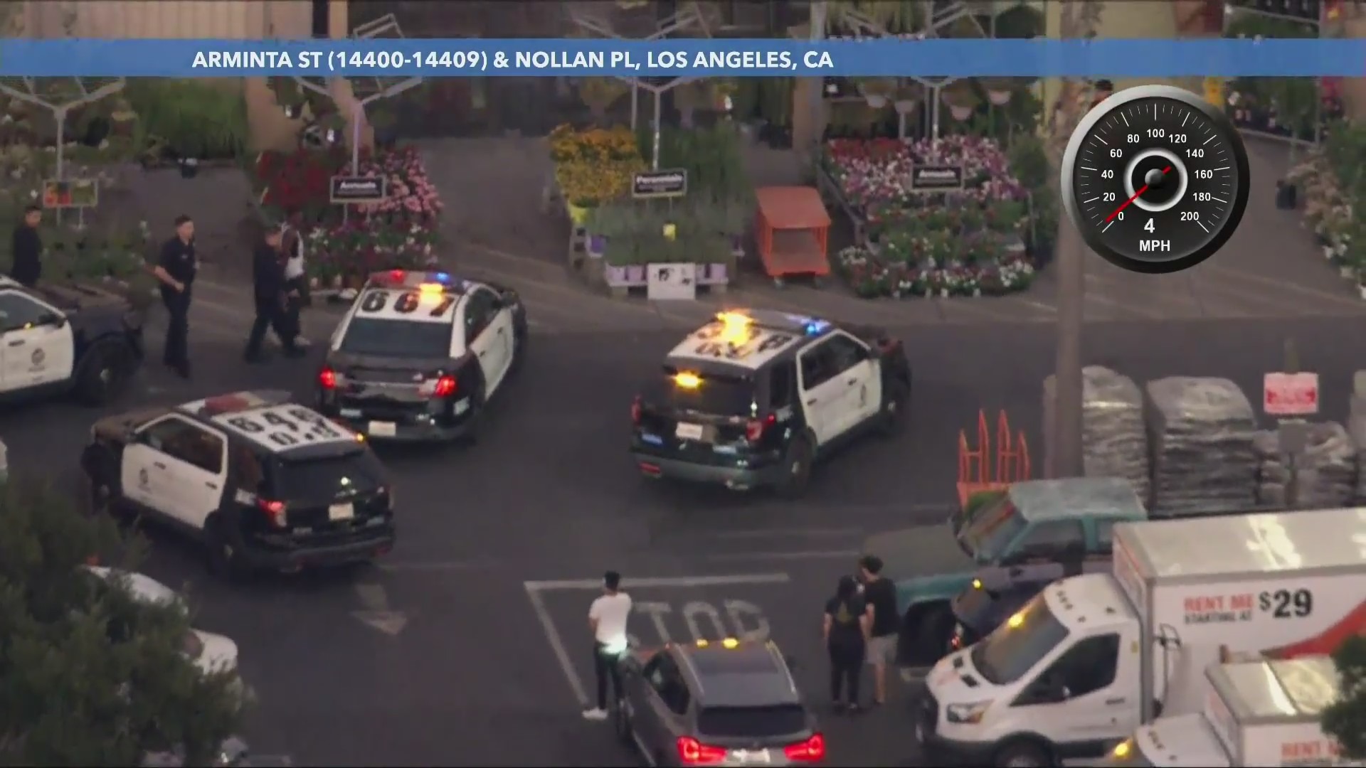 Los Angeles police surrounded the Home Depot store as they searched for the suspect inside on July 2, 2024. (KTLA)