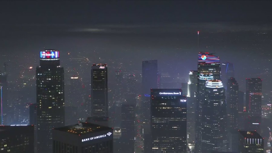 Several buildings in downtown Los Angeles celebrated Independence Day with custom lights and decorative colors on July 4, 2024. (KTLA)