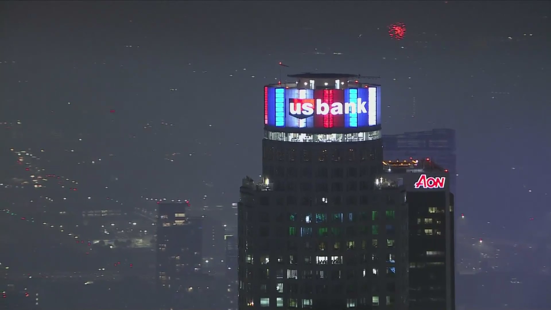 Several buildings in downtown Los Angeles celebrated Independence Day with custom lights and decorative colors on July 4, 2024. (KTLA)