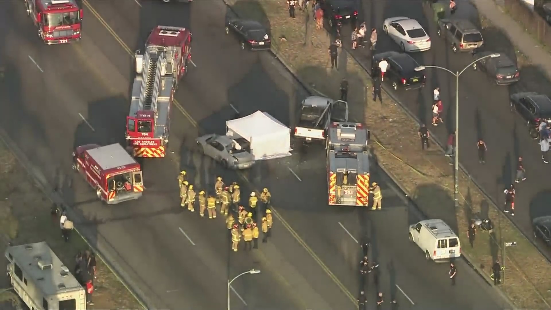 A three-car collision killed a 12-year-old girl and left nine other people hospitalized in South Los Angeles on July 5, 2024. (KTLA)