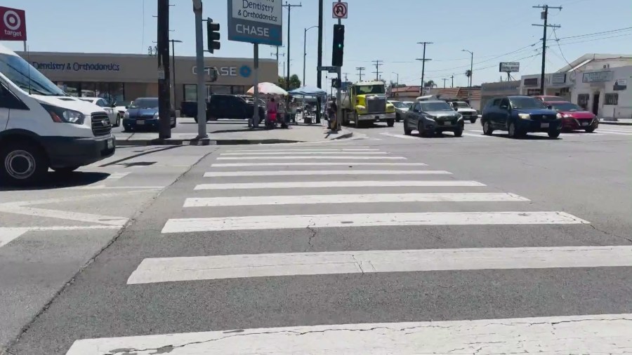 The crosswalk near Laurel Canyon Boulevard and Osbourne Street in Pacoima where the incident happened. (KTLA)