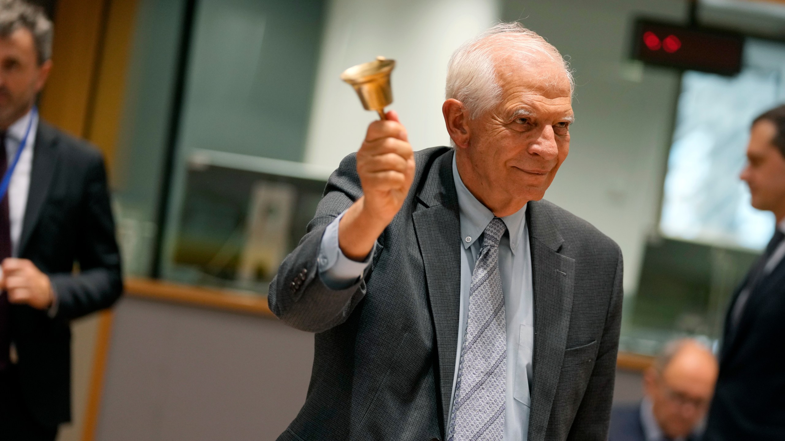 European Union foreign policy chief Josep Borrell rings a bell to signify the start of a meeting of EU foreign ministers at the European Council building in Brussels, Thursday, Aug. 29, 2024. (AP Photo/Virginia Mayo)