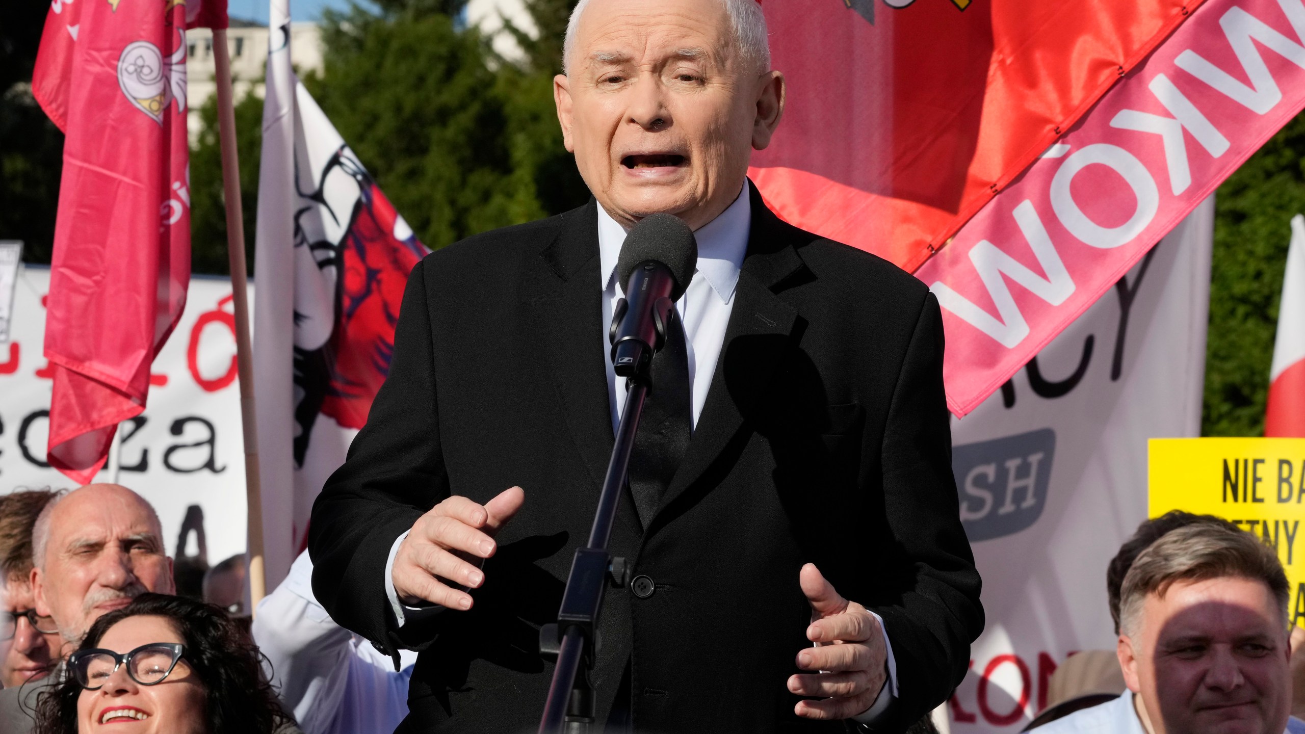 FILE - Leader of Poland's right-wing opposition Law and Justice party, Jarosław Kaczyński, addresses a small rally of supporters in Warsaw, Poland, on July 9, 2024. (AP Photo/Czarek Sokolowski, File)