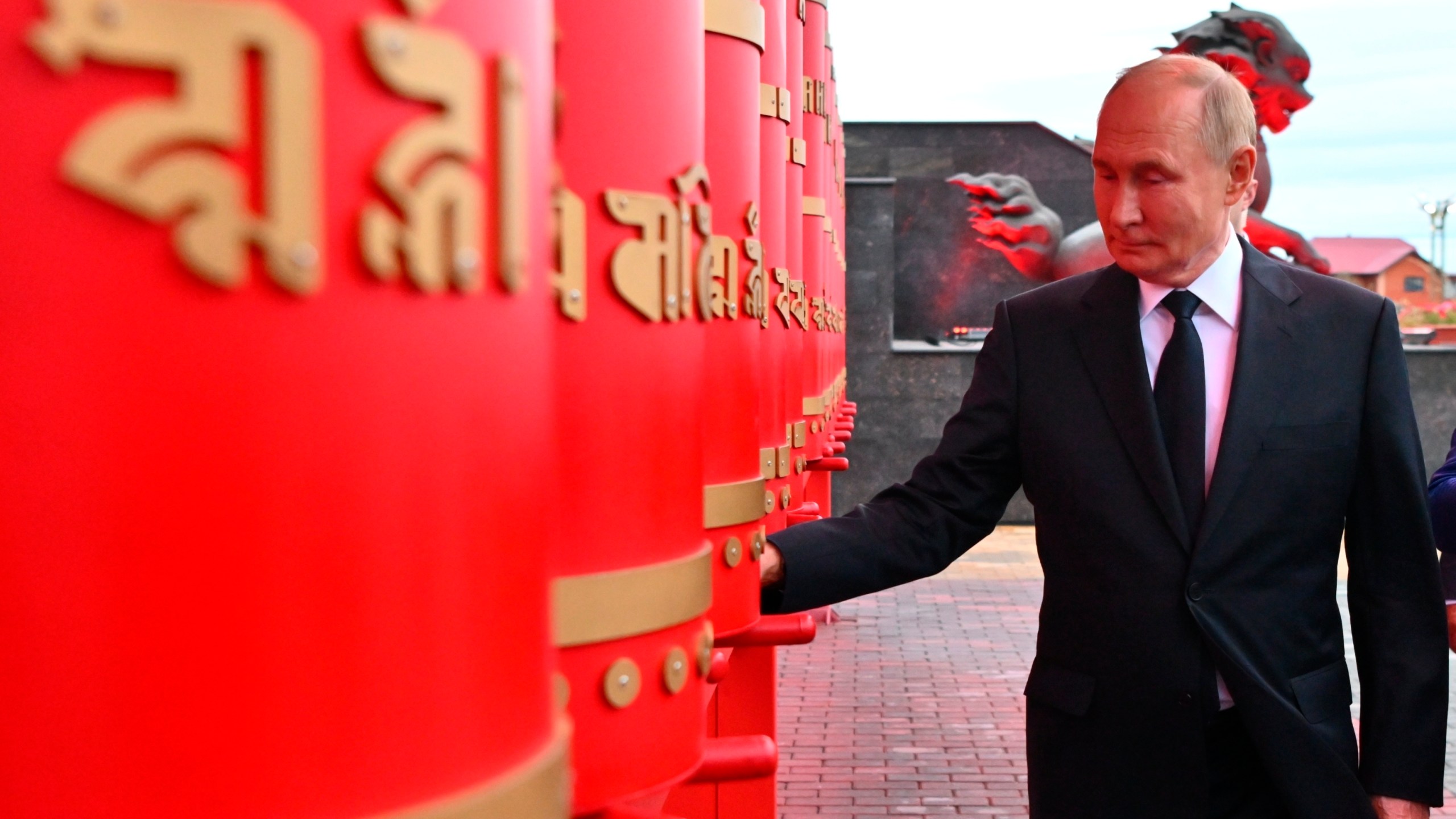 Russian President Vladimir Putin visits Tubten Shedrub Ling datsan in Kyzyl, Republic of Tyva, Russia, Monday, Sept. 2, 2024. (Kristina Kormilitsyna, Sputnik, Kremlin Pool Photo via AP)