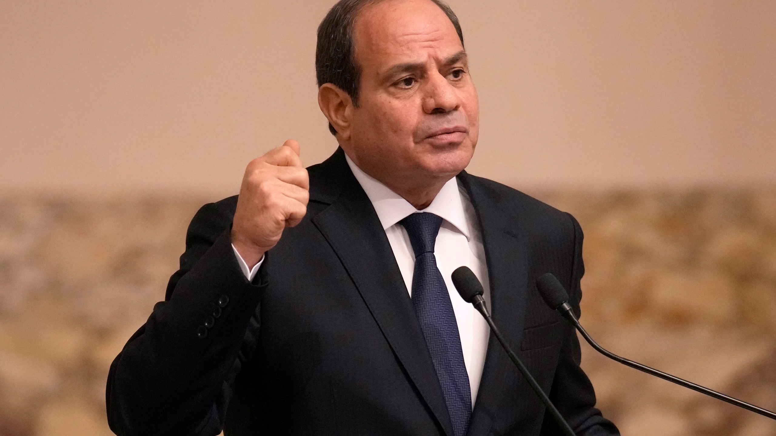 FILE - Egyptian President Abdel Fattah el-Sissi gestures during a joint press conference with French President Emmanuel Macron in Cairo, Egypt, on Oct. 25, 2023. (AP Photo/Christophe Ena, Pool, File)