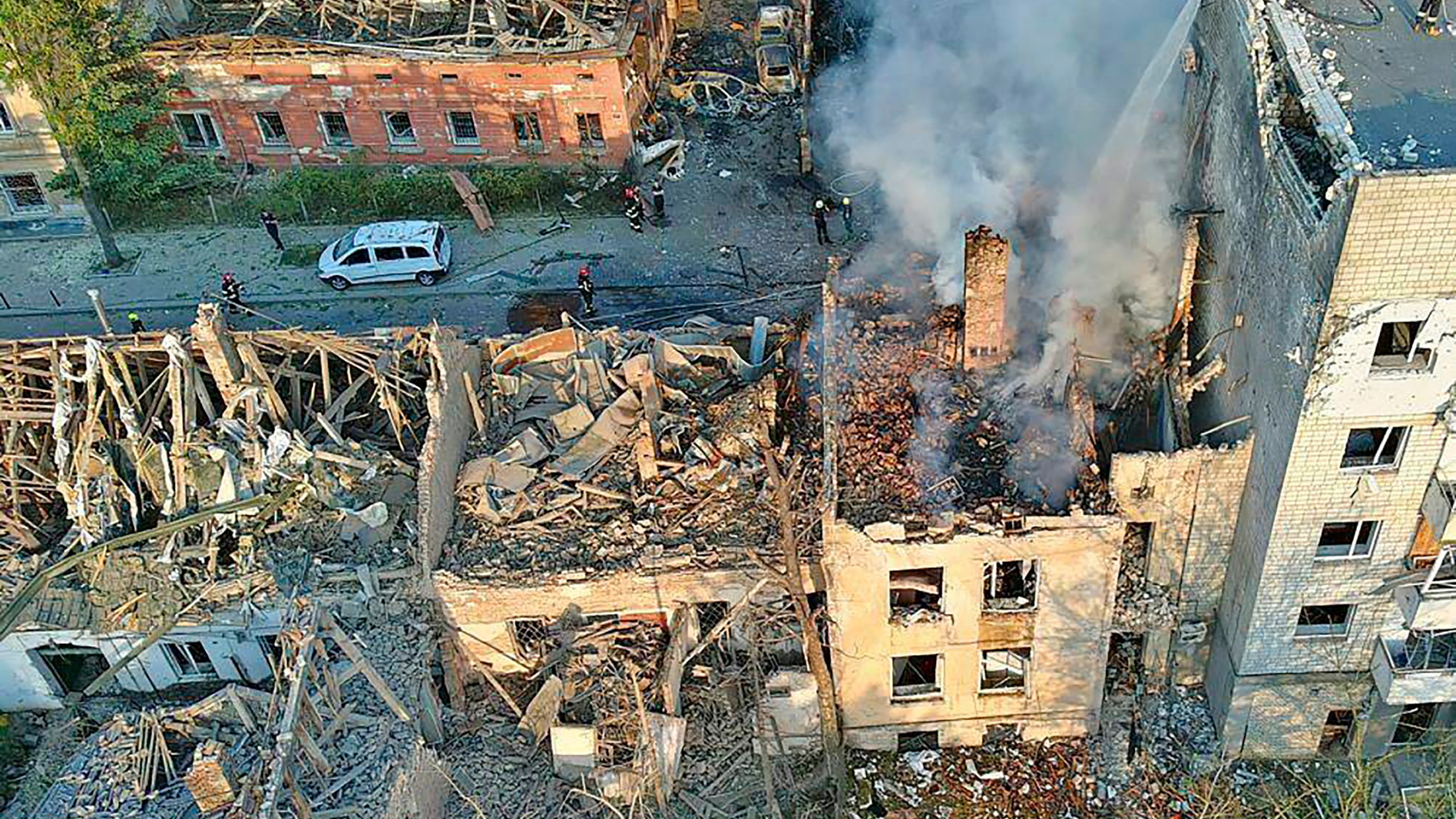 In this photo provided by the State Emergency Service of Ukraine, smoke rises from a building which was destroyed by a Russian strike in Lviv, Ukraine, Wednesday, Sept. 4, 2024.. (State Emergency Service of Ukraine via AP)