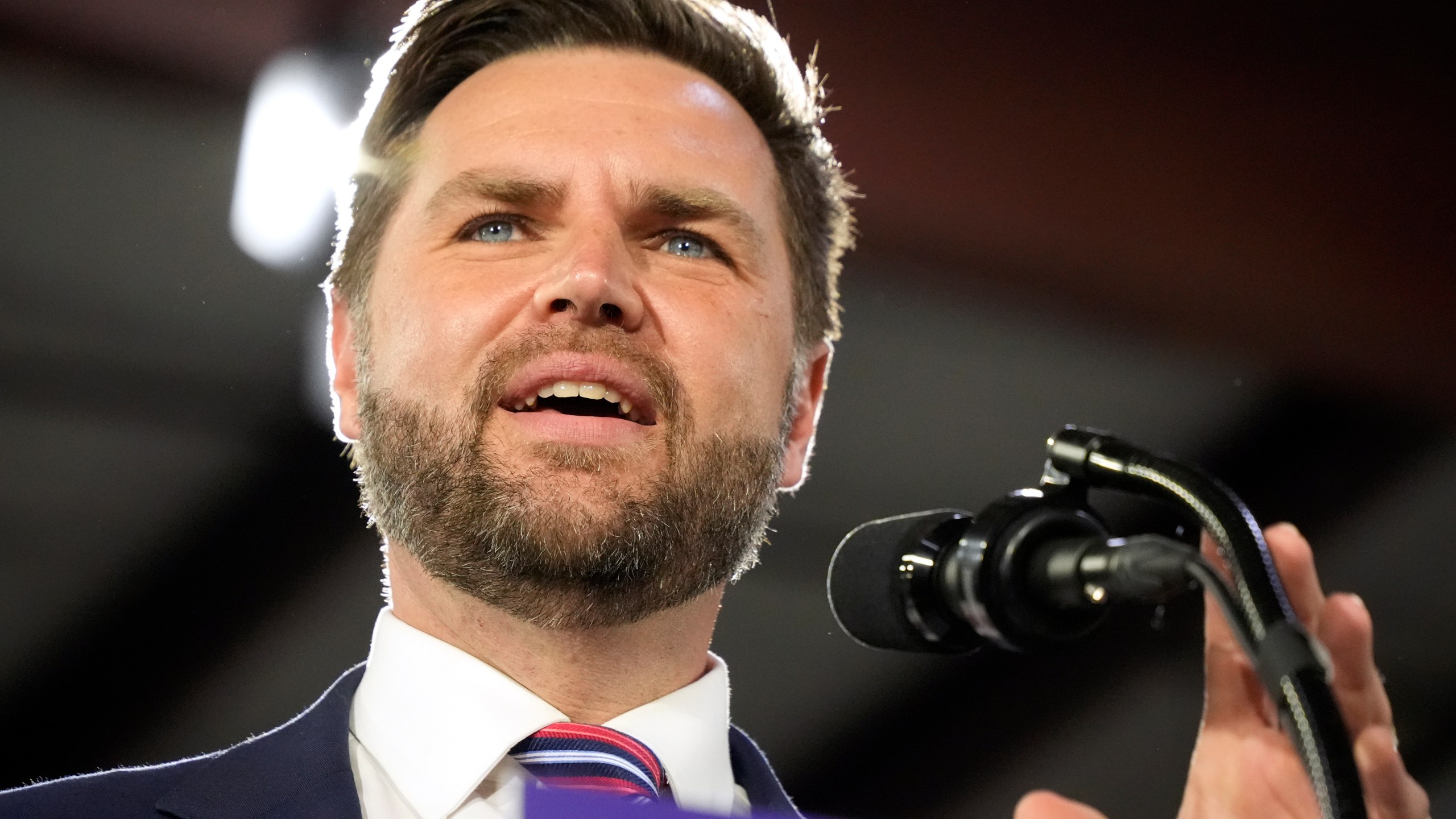 FILE - Republican vice presidential nominee Sen. JD Vance, R-Ohio, speaks at a campaign event in Erie, Pa., Aug. 28, 2024. (AP Photo/Gene J. Puskar, File)