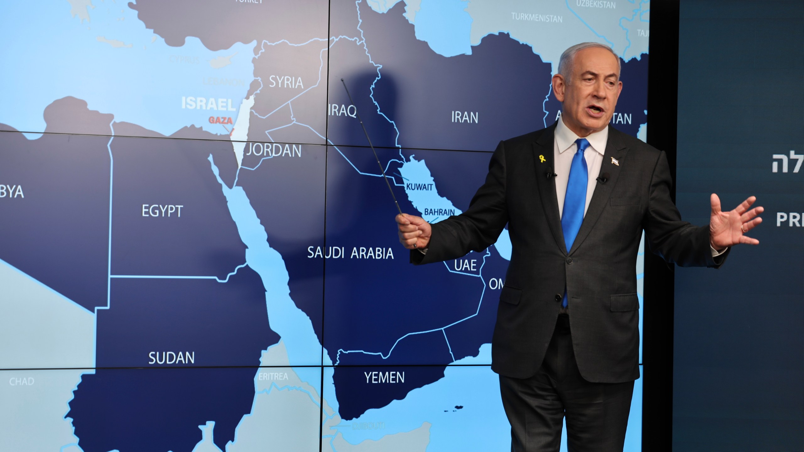 Israeli Prime Minister Benjamin Netanyahu stands before a map during a press conference at the Government Press office in Jerusalem, Wednesday, Sept. 4, 2024. (Abir Sultan/Pool via AP)