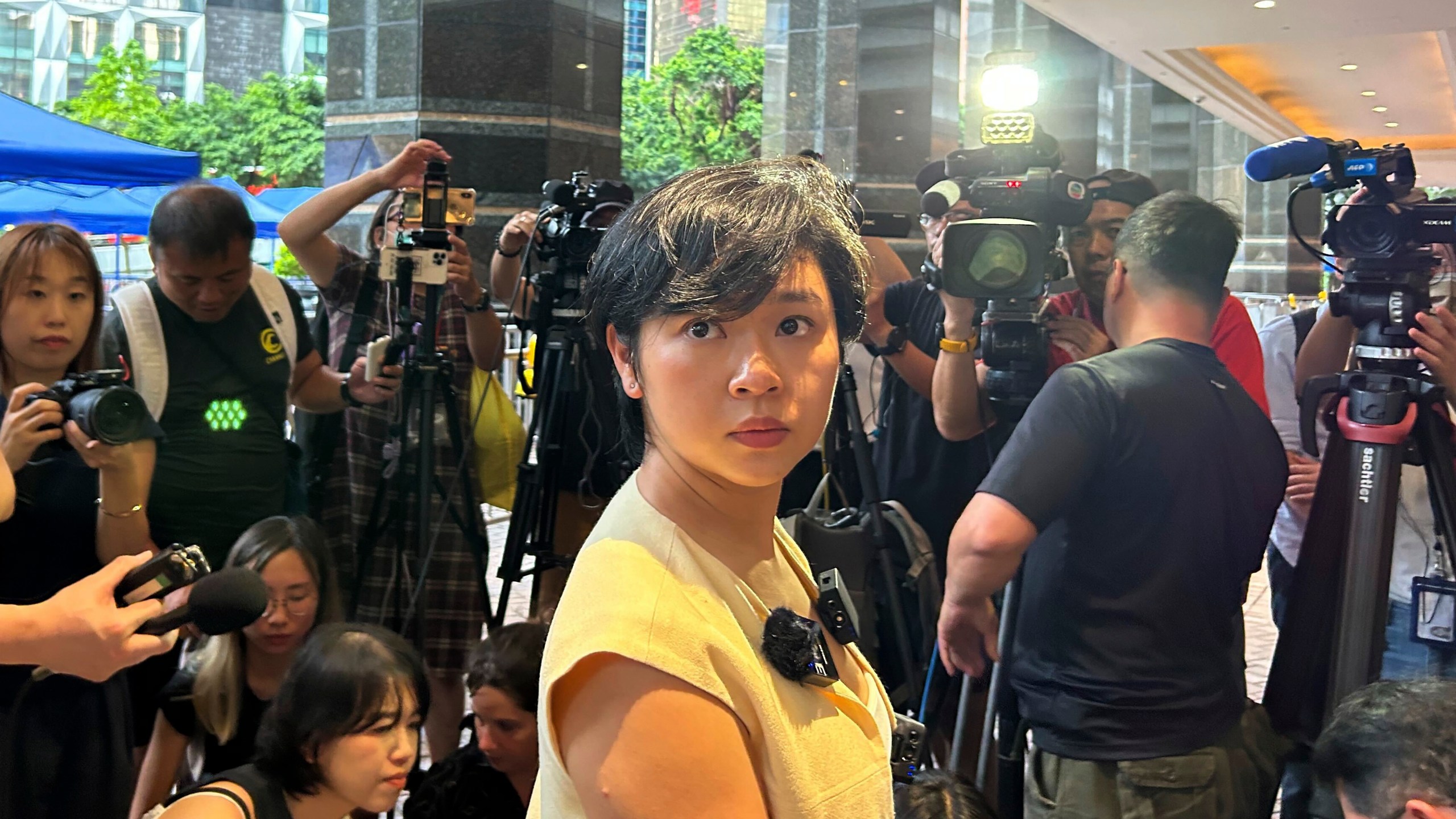 Selina Cheng, chairperson of the Hong Kong Journalists Association speaks to media in Hong Kong on July 17, 2024. (AP Photo/Kanis Leung)