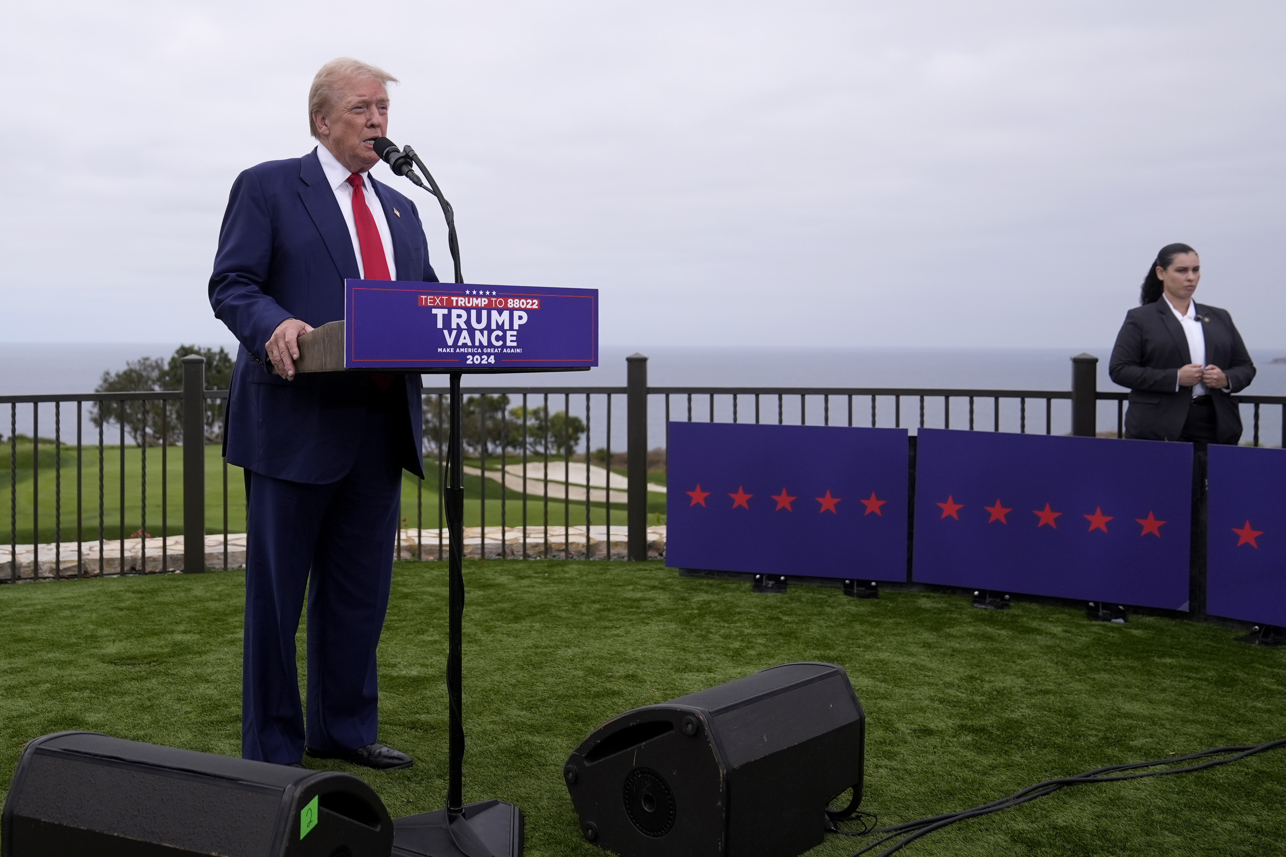 Republican presidential nominee former President Donald Trump speaks during a news conference held at Trump National Golf Club Los Angeles in Rancho Palos Verdes, Calif., Friday, Sept. 13, 2024. (AP Photo/Jae C. Hong)