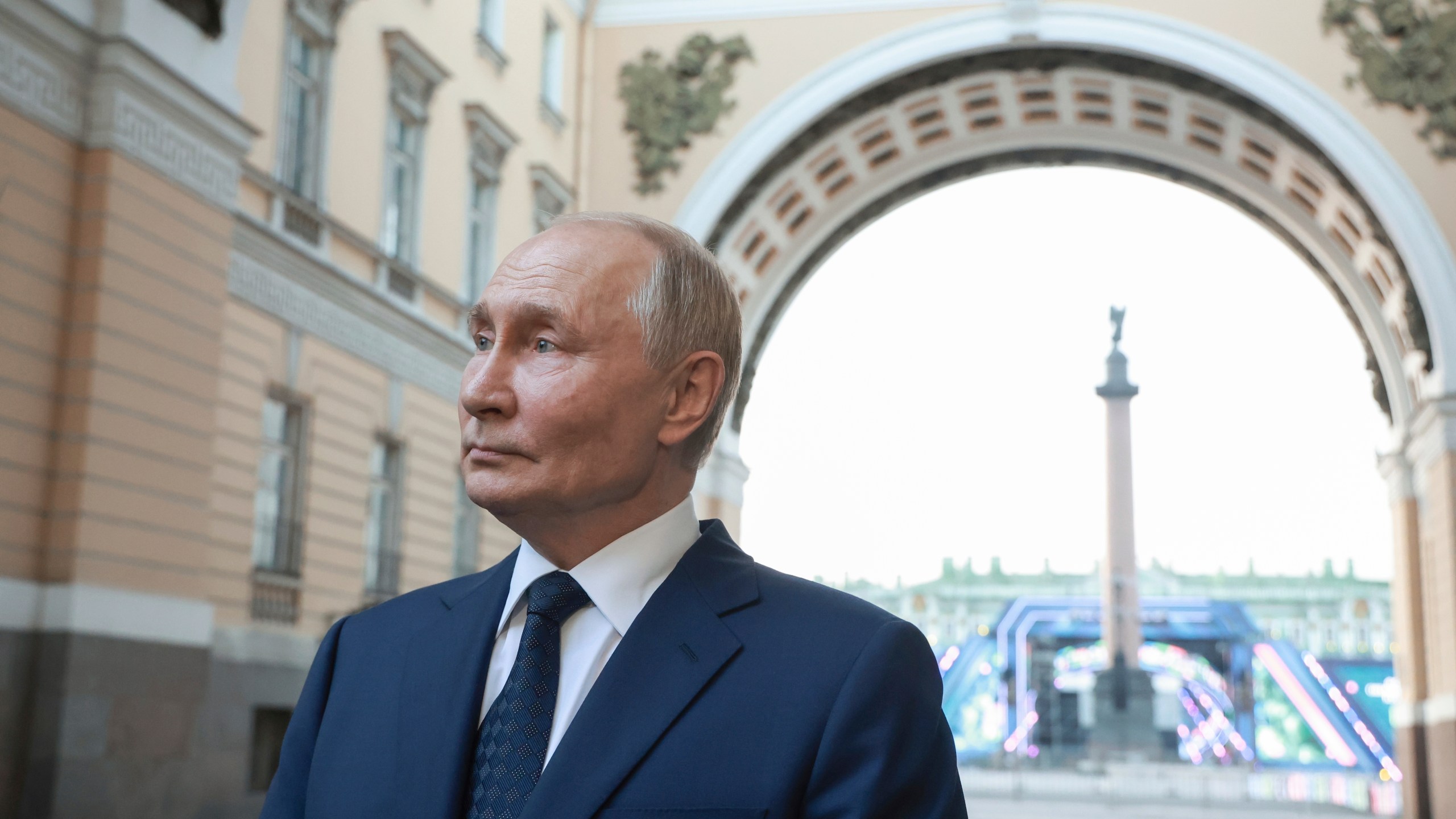 Russian President Vladimir Putin answers to a journalists's question after a plenary session of the St. Petersburg International United Cultures Forum in St. Petersburg, Russia, Thursday, Sept. 12, 2024. (Vyacheslav Prokofyev, Sputnik, Kremlin Pool Photo via AP)