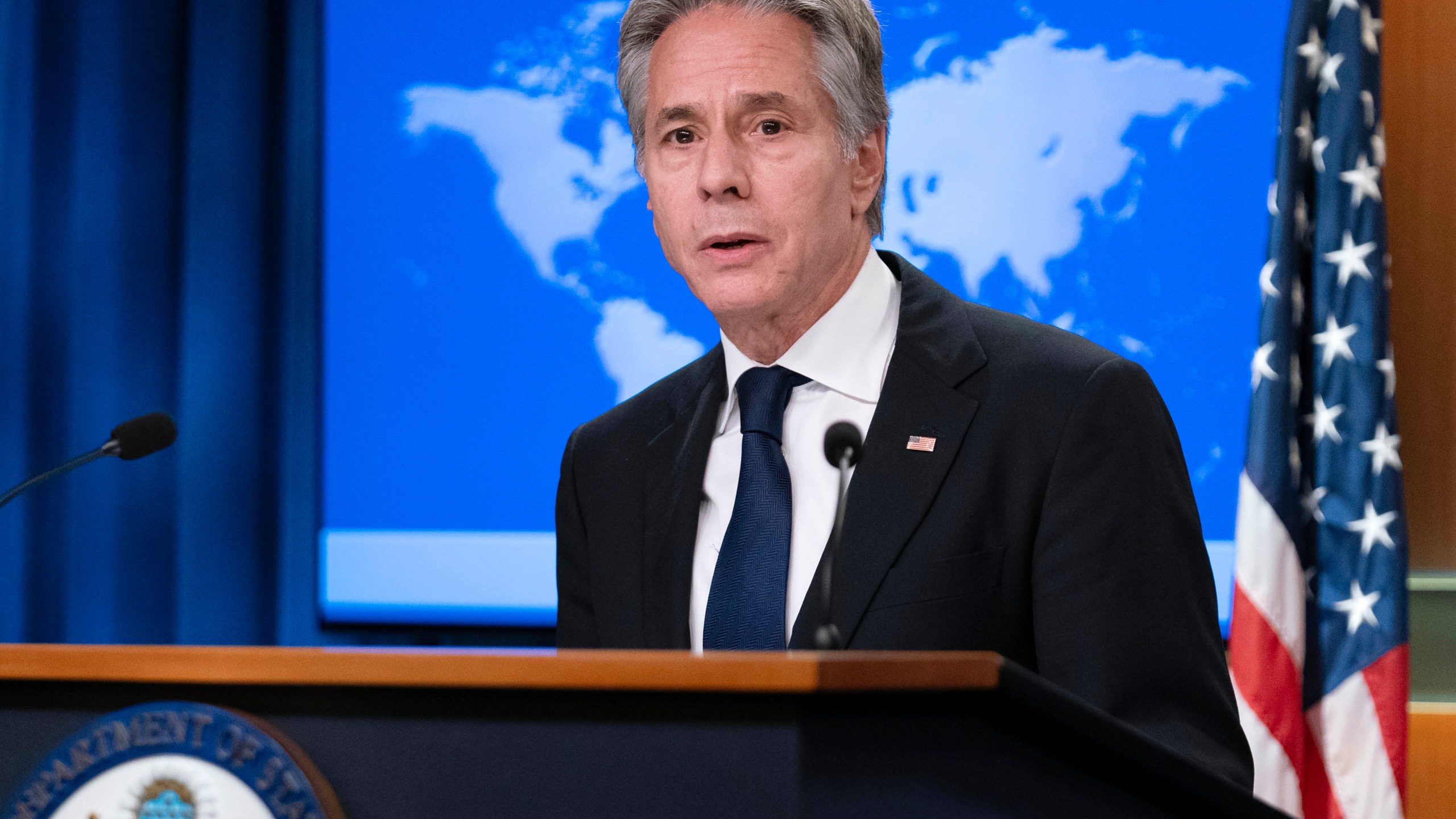 Secretary of State Antony Blinken speaks during a news conference about Russia's election interference at the Department of State in Washington, Friday, Sept. 13, 2024. (AP Photo/Jose Luis Magana)