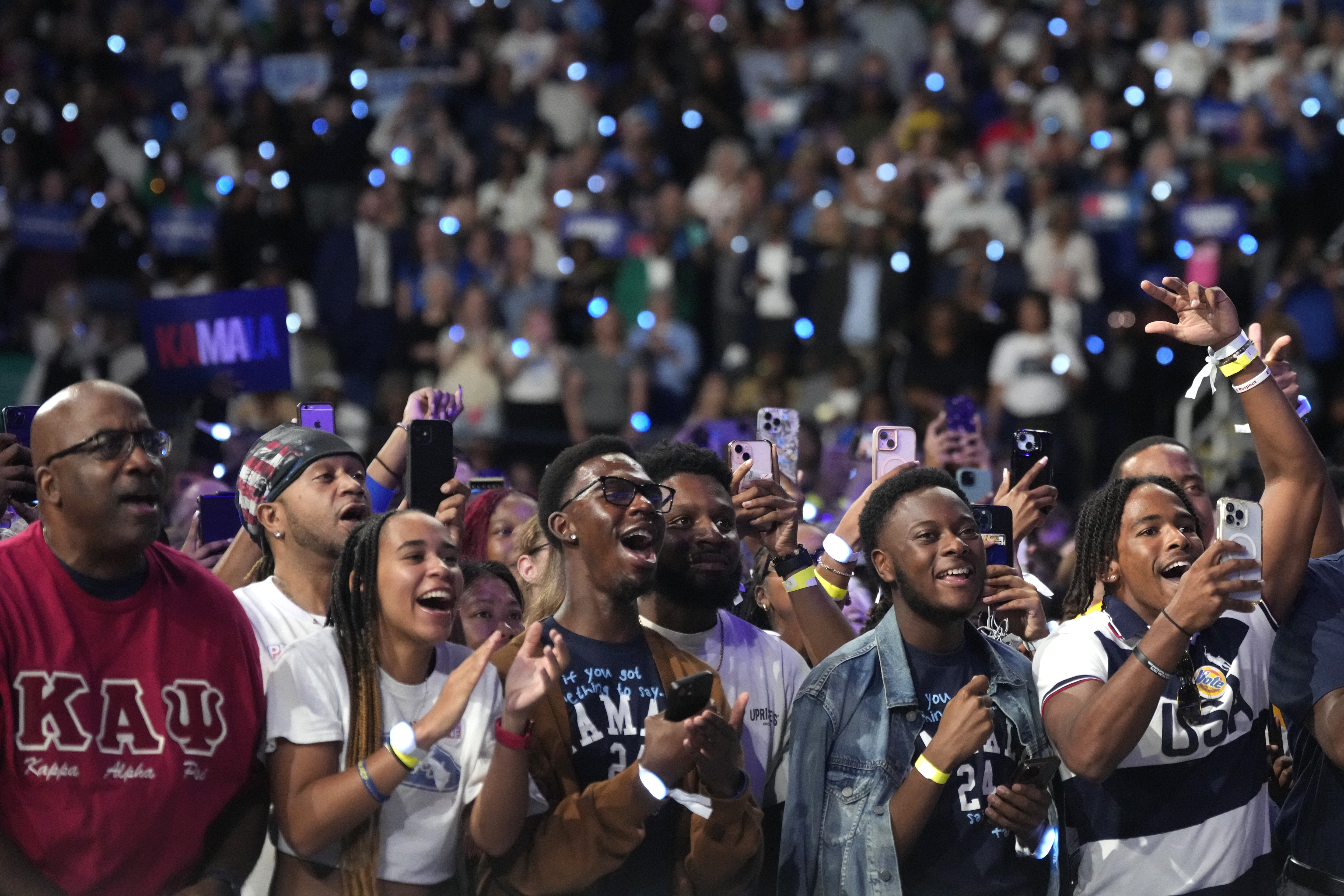 Supporters cheer as Democratic presidential nominee Vice President Kamala Harris speaks during a campaign event, Thursday, Sept. 12, 2024, in Greensboro, N.C. (AP Photo/Chris Carlson)