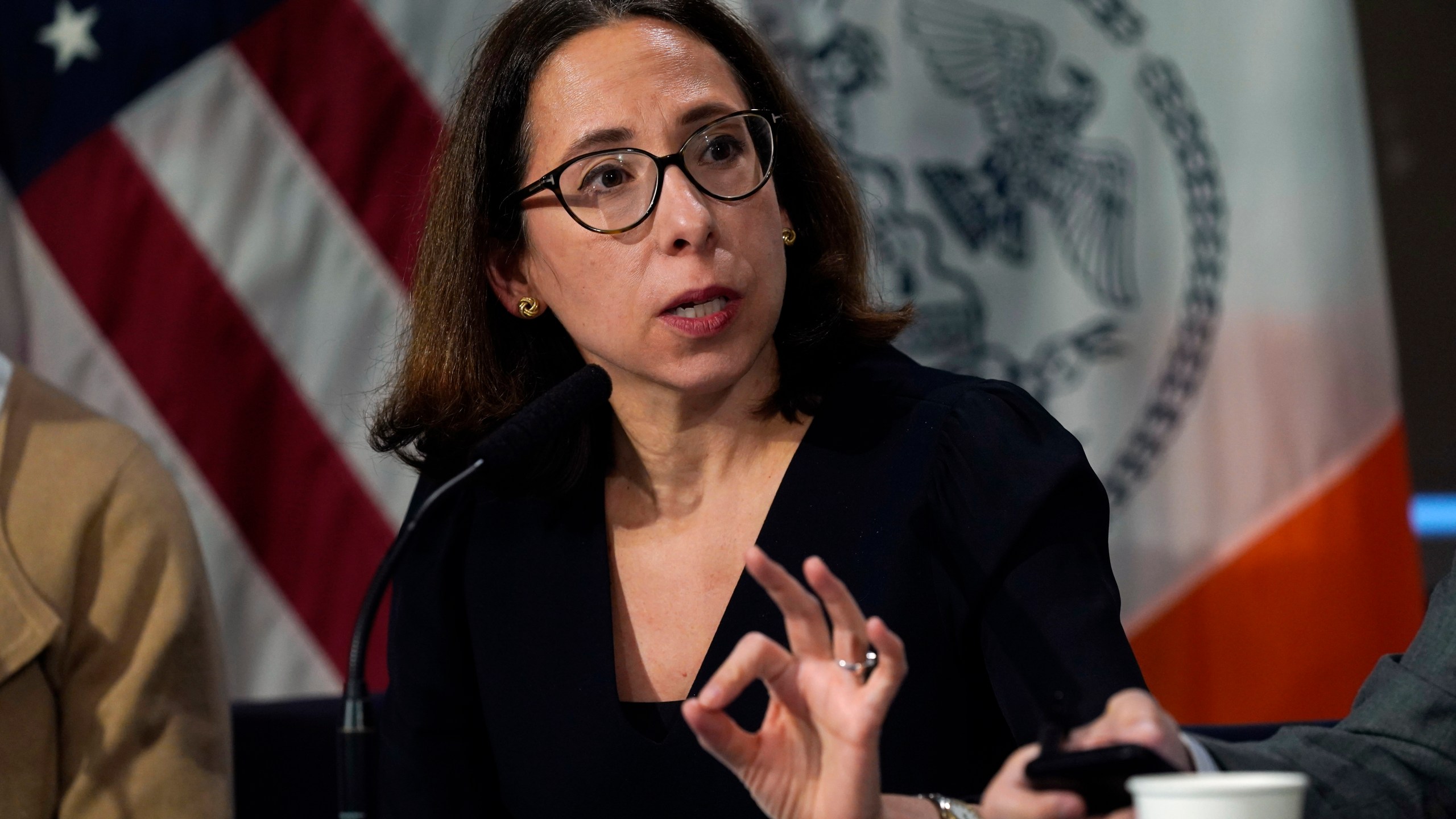 FILE — Lisa Zornberg, New York City Hall's chief counsel, speaks during a mayoral news conference at City Hall, in New York, Nov. 14, 2023. (AP Photo/Richard Drew, File)