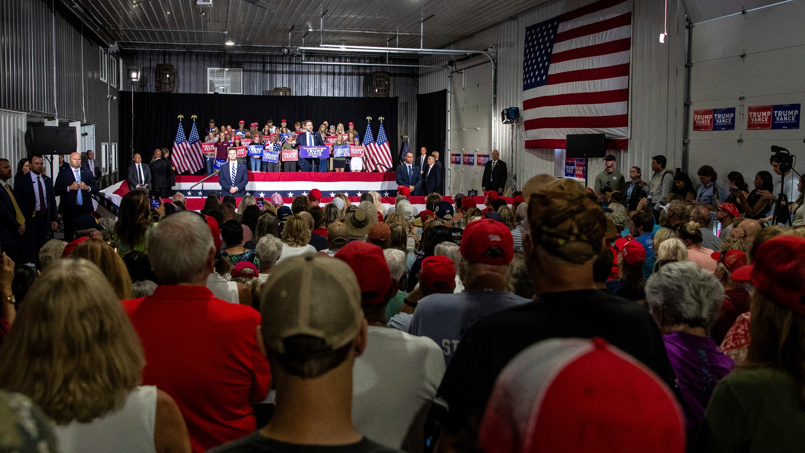 Republican vice presidential nominee JD Vance speaks during a campaign stop at Apple Valley Events in Sparta, Mich., Tuesday, Sept. 17, 2024. (Isaac Ritchey/The Grand Rapids Press via AP)