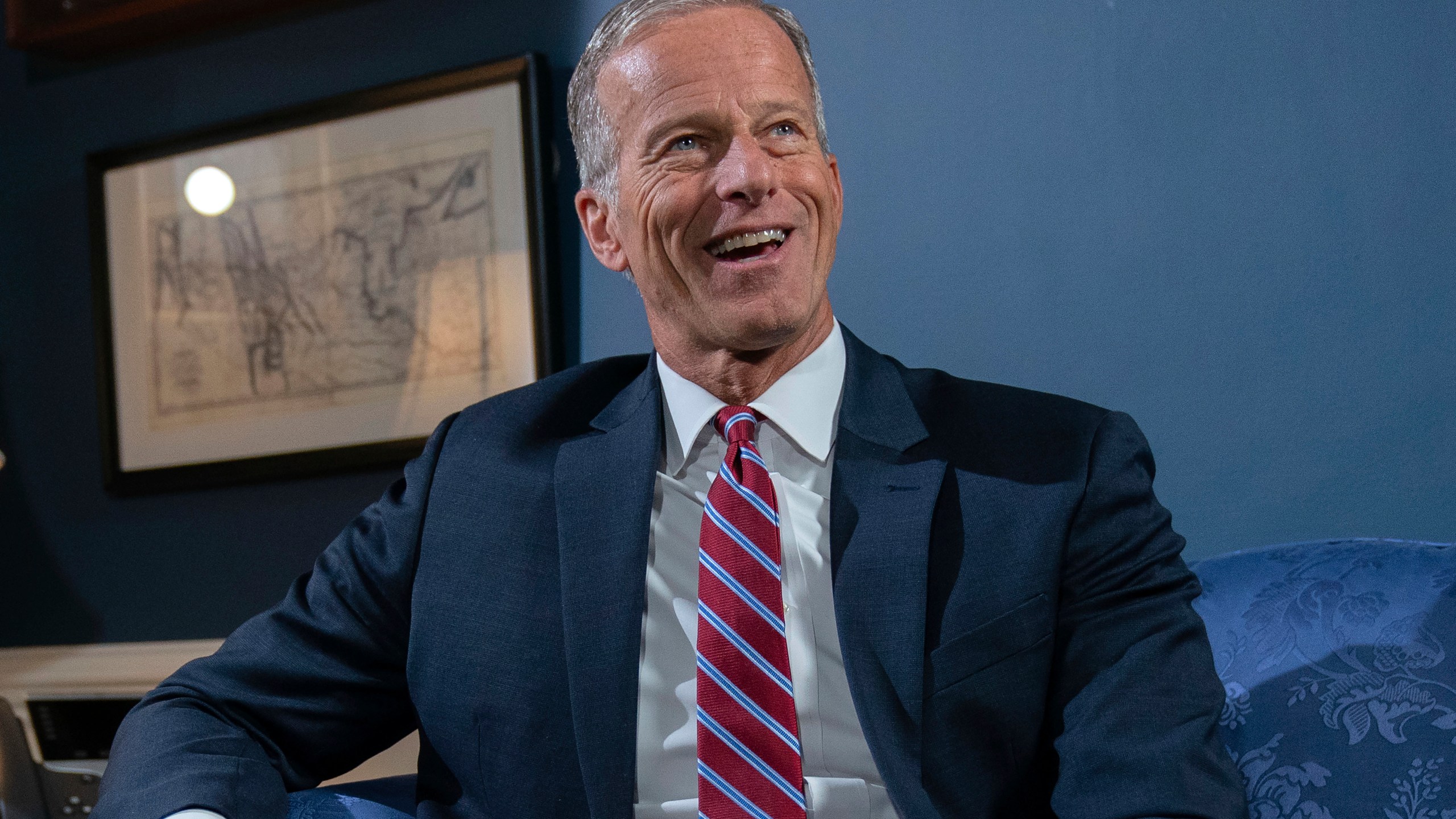 Senate Minority Whip John Thune, R-S.D., speaks during an interview with The Associated Press at the Capitol in Washington, Wednesday, Sept. 11, 2024. (AP Photo/Jose Luis Magana)