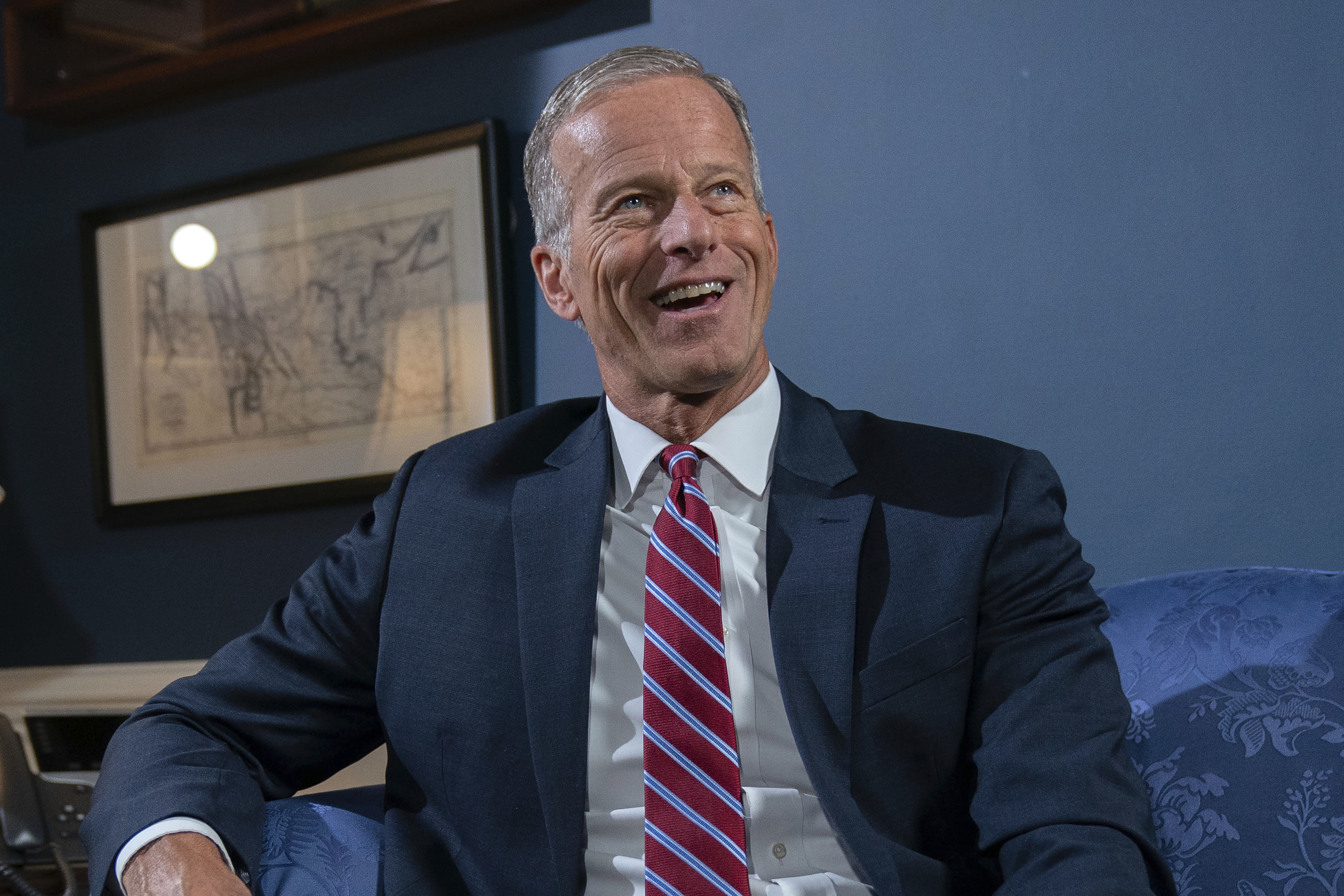 Senate Minority Whip John Thune, R-S.D., speaks during an interview with The Associated Press at the Capitol in Washington, Wednesday, Sept. 11, 2024. (AP Photo/Jose Luis Magana)