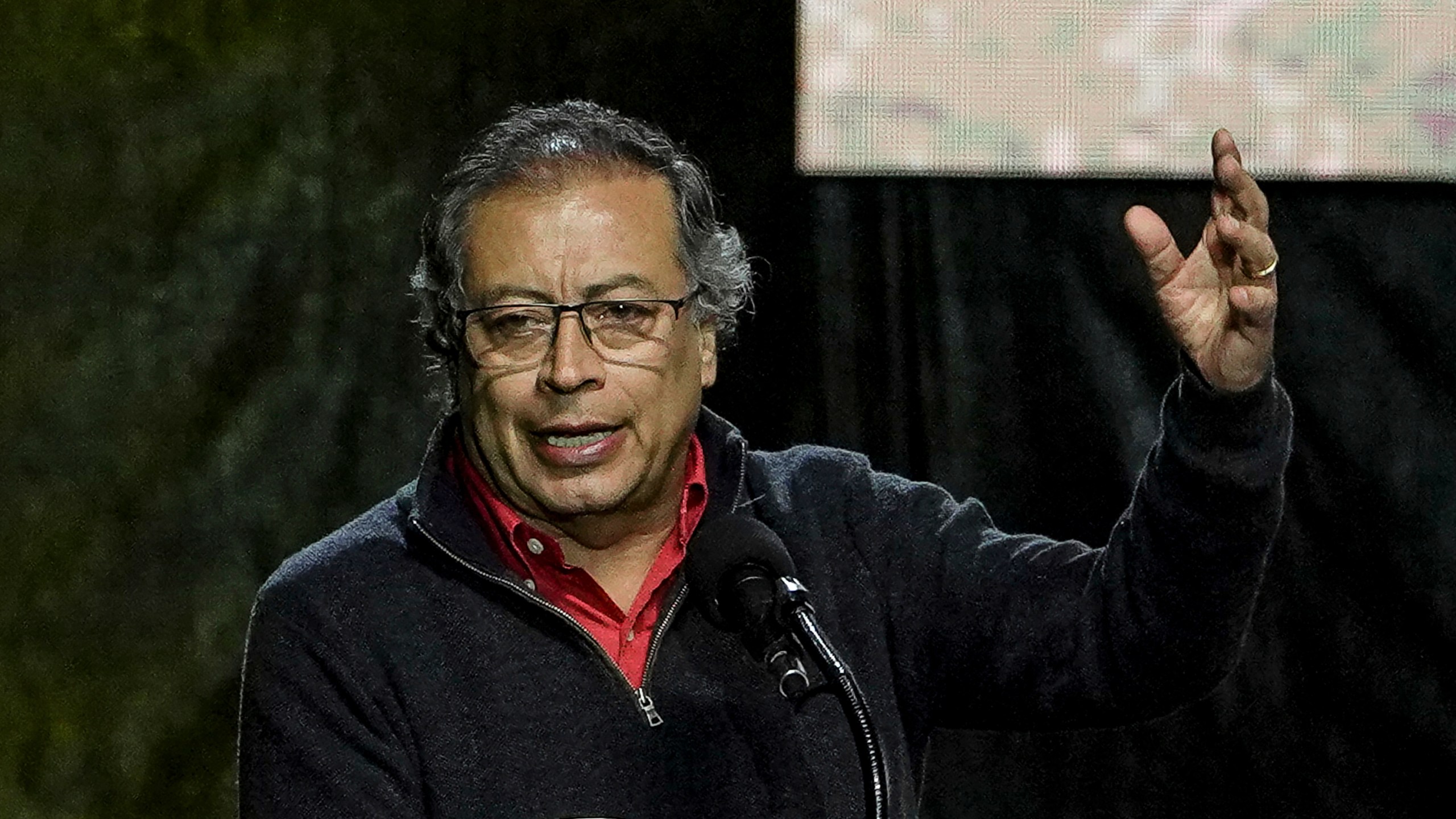 FILE - Colombian President Gustavo Petro speaks after signing a law banning bullfighting, in La Plaza Santa Maria, Bogota, Colombia, on July 22, 2024. (AP Photo/Ivan Valencia)